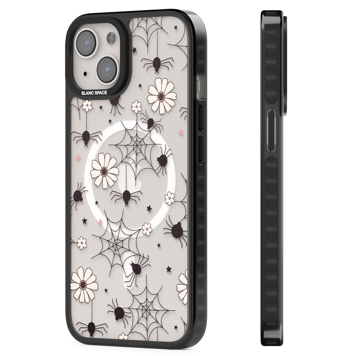 Spiders and Flowers Pattern Magsafe Black Impact Phone Case for iPhone 13, iPhone 14, iPhone 15