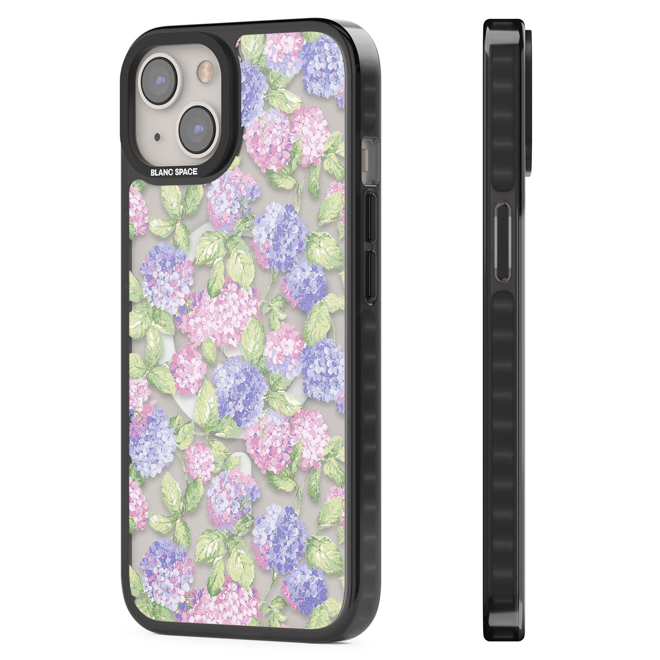Cottage Hydrangea cottagecore iPhone case featuring pink and purple hydrangea blooms with green leaves on a clear background | Black Impact Magsafe case for iPhone 13, iPhone 14, iPhone 15