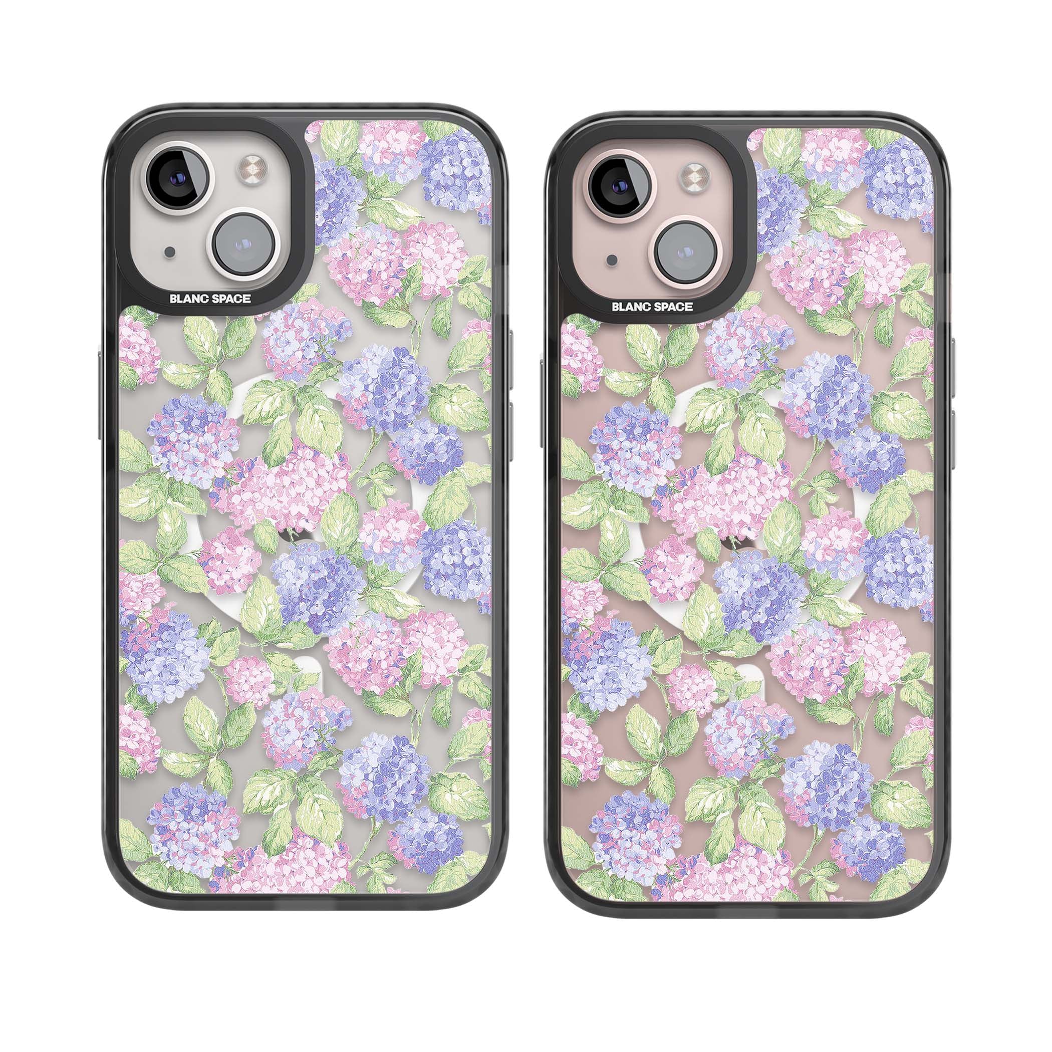 Cottage Hydrangea cottagecore iPhone case featuring pink and purple hydrangea blooms with green leaves on a clear background | Black Impact Magsafe case for iPhone 13, iPhone 14, iPhone 15