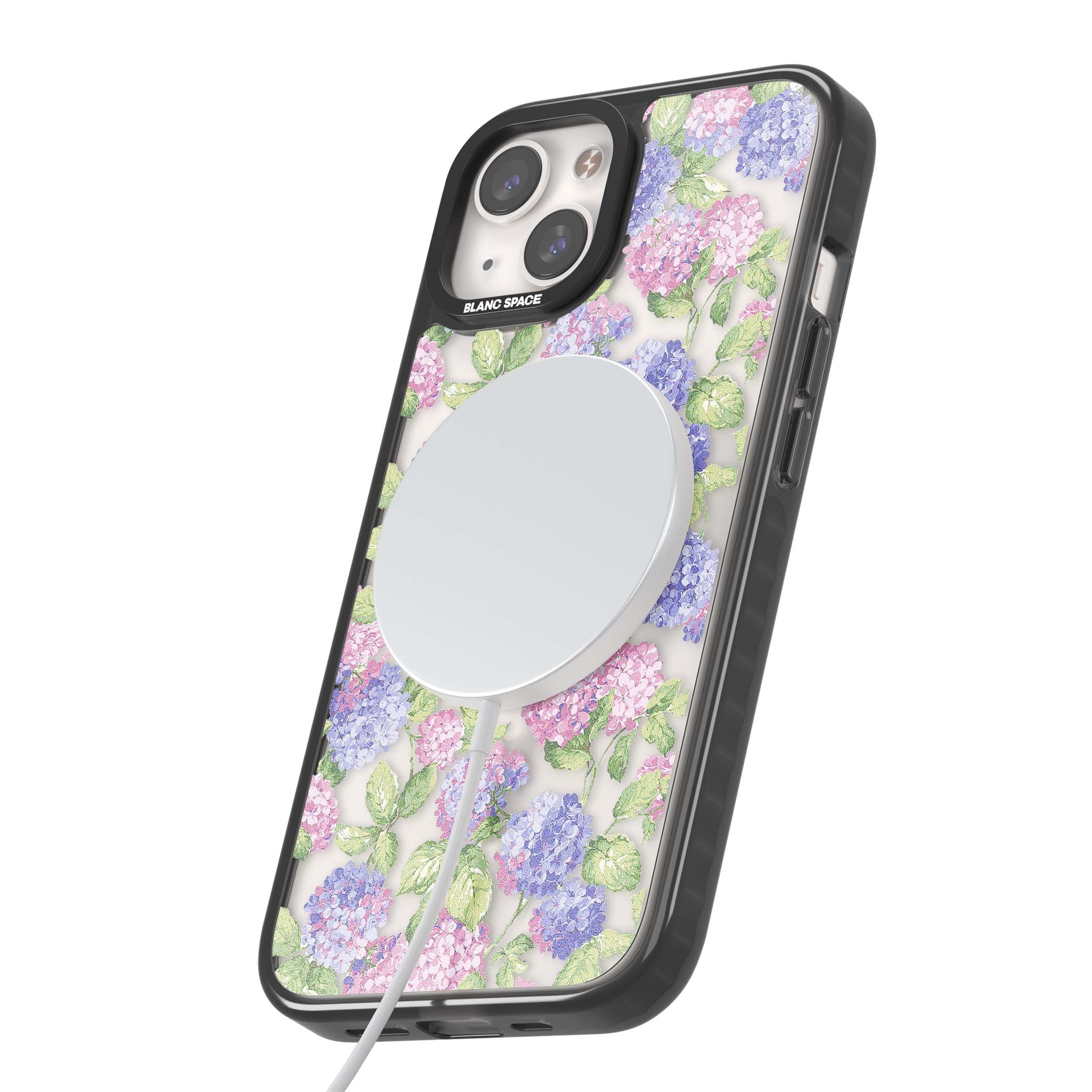 Cottage Hydrangea cottagecore iPhone case featuring pink and purple hydrangea blooms with green leaves on a clear background | Black Impact Magsafe case for iPhone 13, iPhone 14, iPhone 15