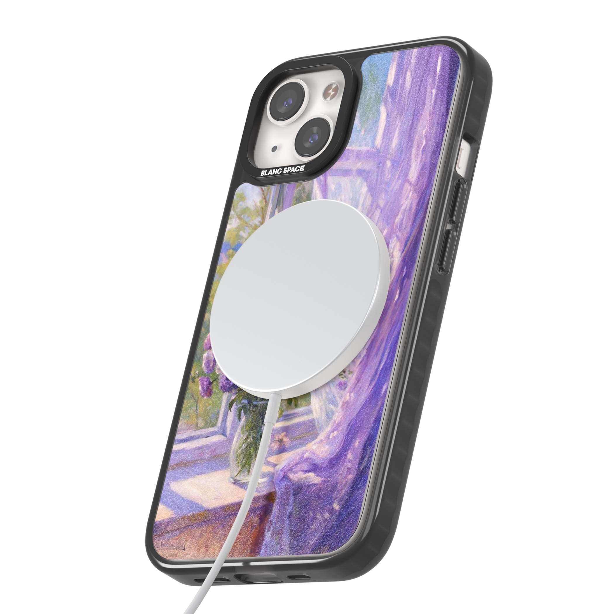 A Provence Morning impressionist art iPhone case featuring a vase of purple flowers, sunlit window and sheer curt | Black Impact Magsafe case for iPhone 13, iPhone 14, iPhone 15