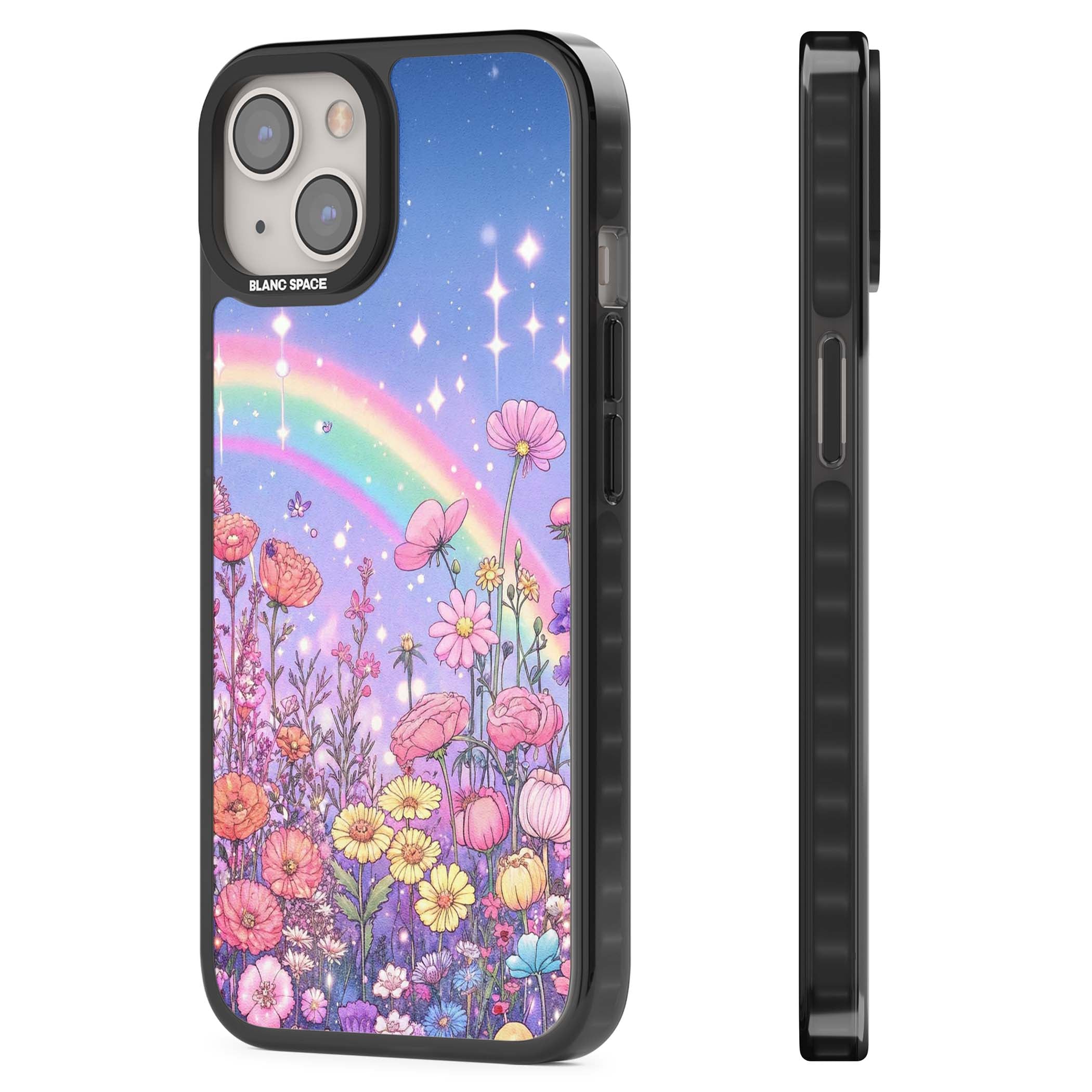 Magical Meadow fairycore iPhone case featuring a pastel rainbow, sparkling stars and a wildflower meadow | Black Impact Magsafe case for iPhone 13, iPhone 14, iPhone 15