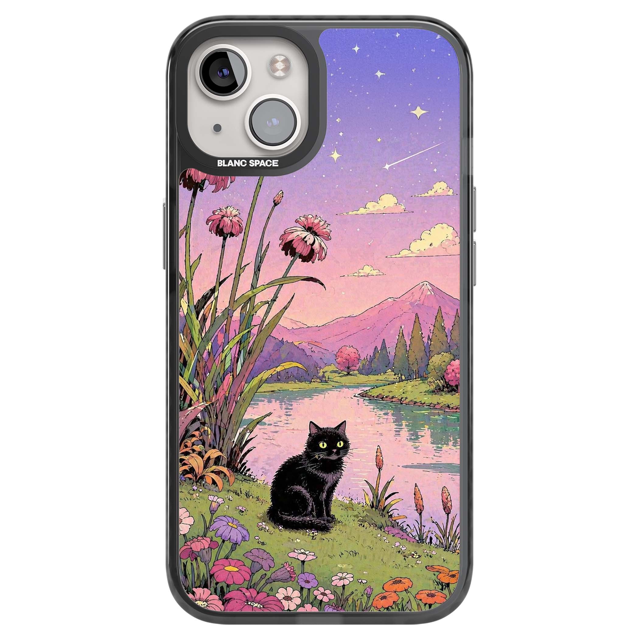 Mystic Whiskers ghibli iPhone case featuring a black cat by a pastel lake, wildflowers and a starry sunset sky | Black Impact Magsafe case for iPhone 13, iPhone 14, iPhone 15