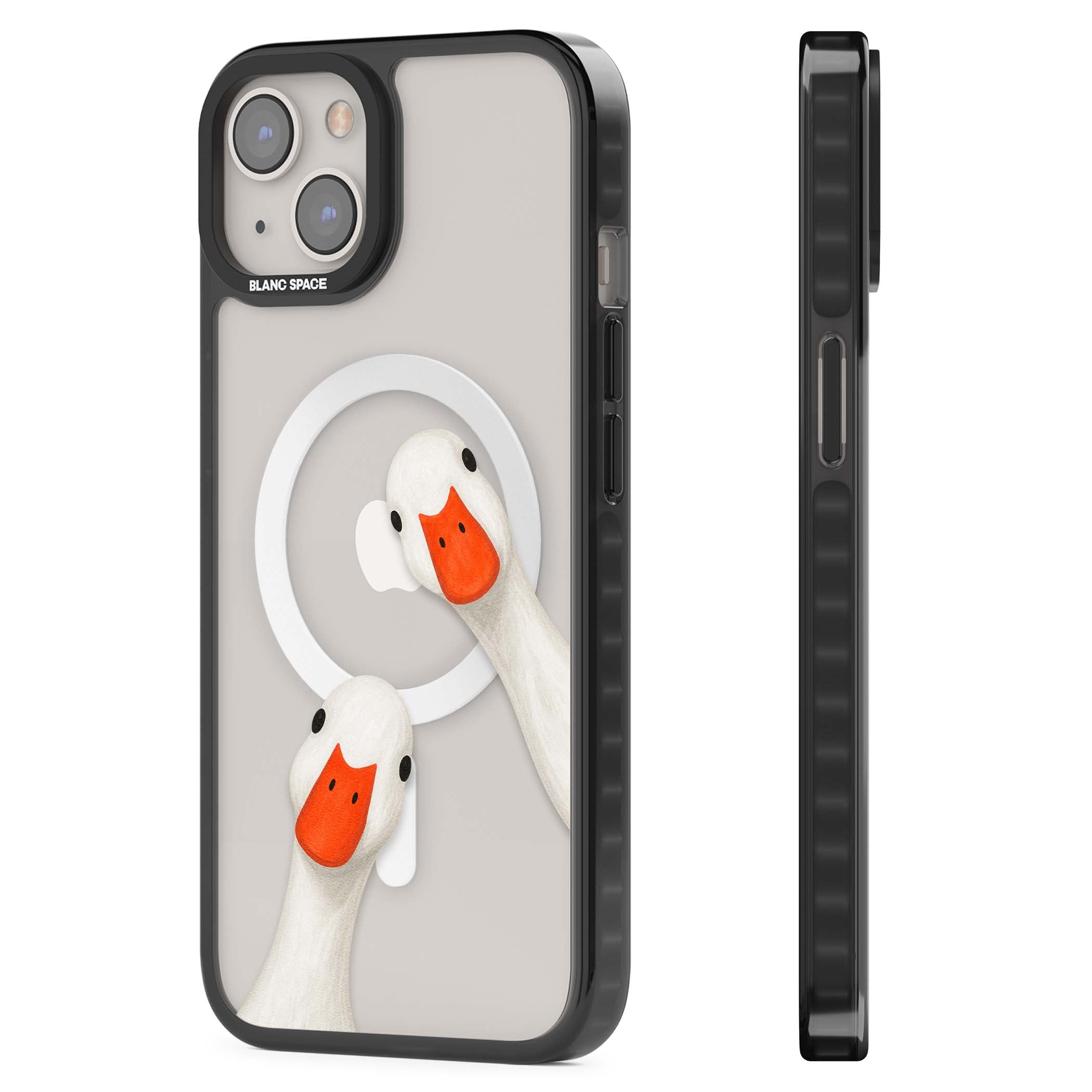 Nosy Ducks cottagecore iPhone case featuring two peeking white ducks with orange beaks on a clear background | Black Impact Magsafe case for iPhone 13, iPhone 14, iPhone 15