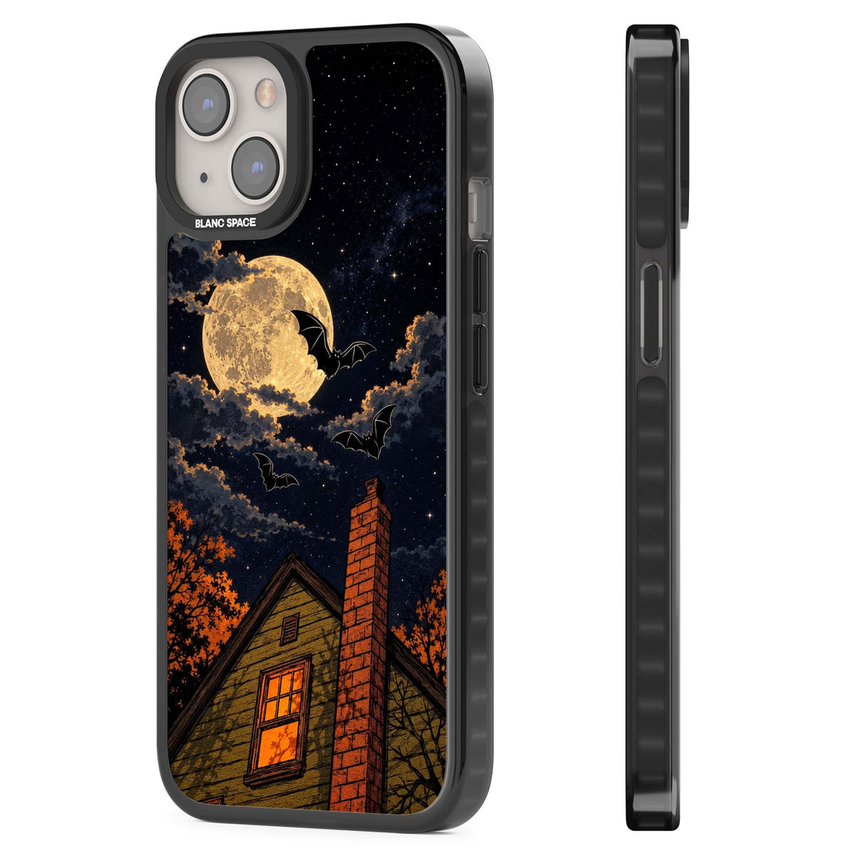 Hollows Eve Halloween iPhone case featuring a haunted house, full moon and flying bats against a starry autumn sky | Black Impact Magsafe case for iPhone 13, iPhone 14, iPhone 15