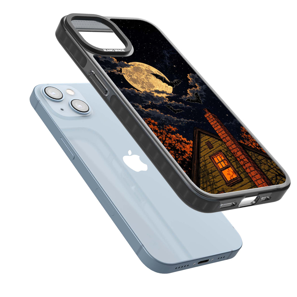 Hollows Eve Halloween iPhone case featuring a haunted house, full moon and flying bats against a starry autumn sky | Black Impact Magsafe case for iPhone 13, iPhone 14, iPhone 15