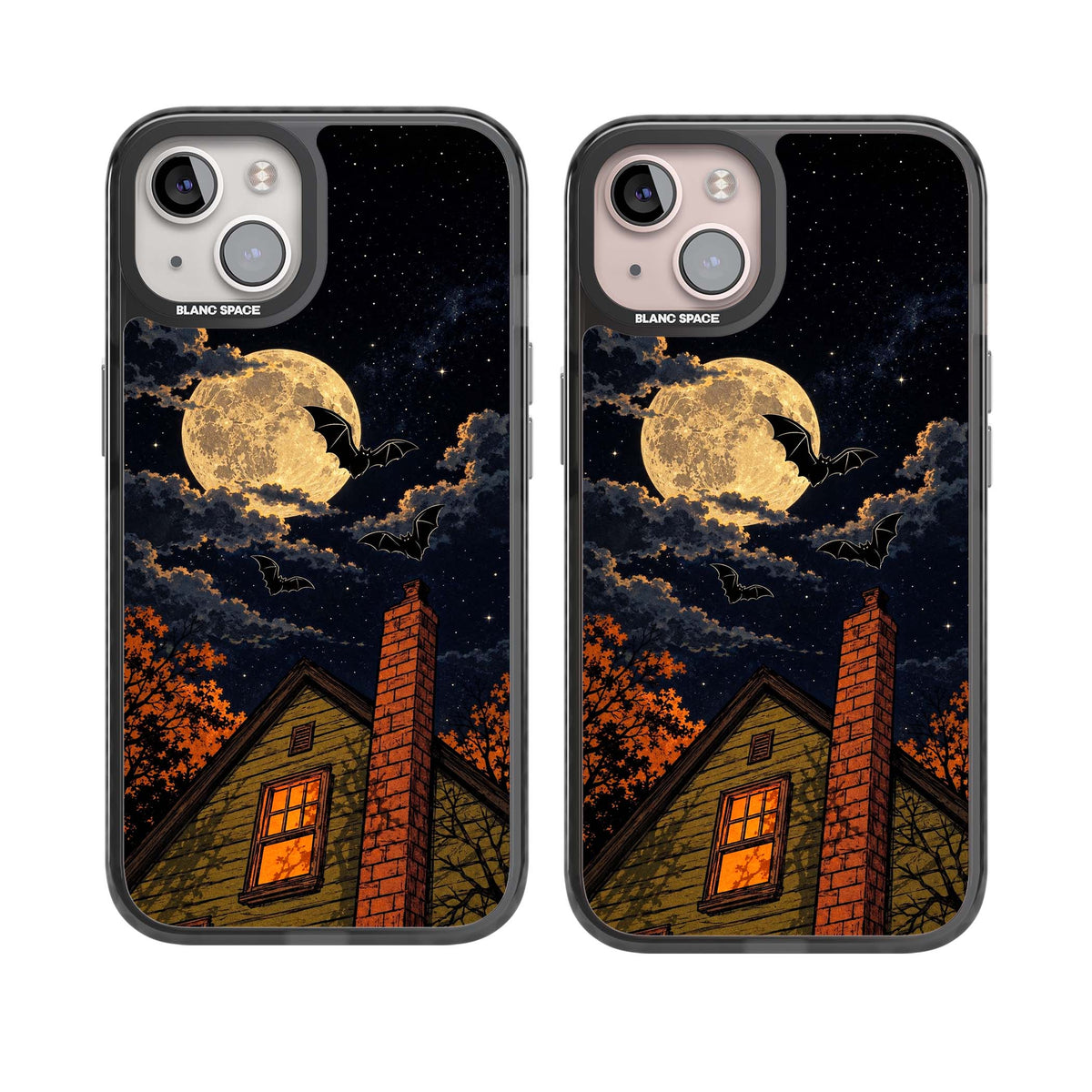 Hollows Eve Halloween iPhone case featuring a haunted house, full moon and flying bats against a starry autumn sky | Black Impact Magsafe case for iPhone 13, iPhone 14, iPhone 15