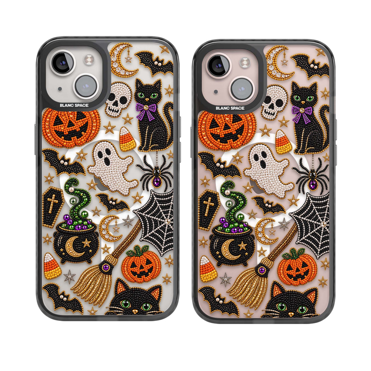 Beaded Halloween Halloween iPhone case featuring beaded pumpkins, ghosts, black cats and bats | Black Impact Magsafe case for iPhone 13, iPhone 14, iPhone 15