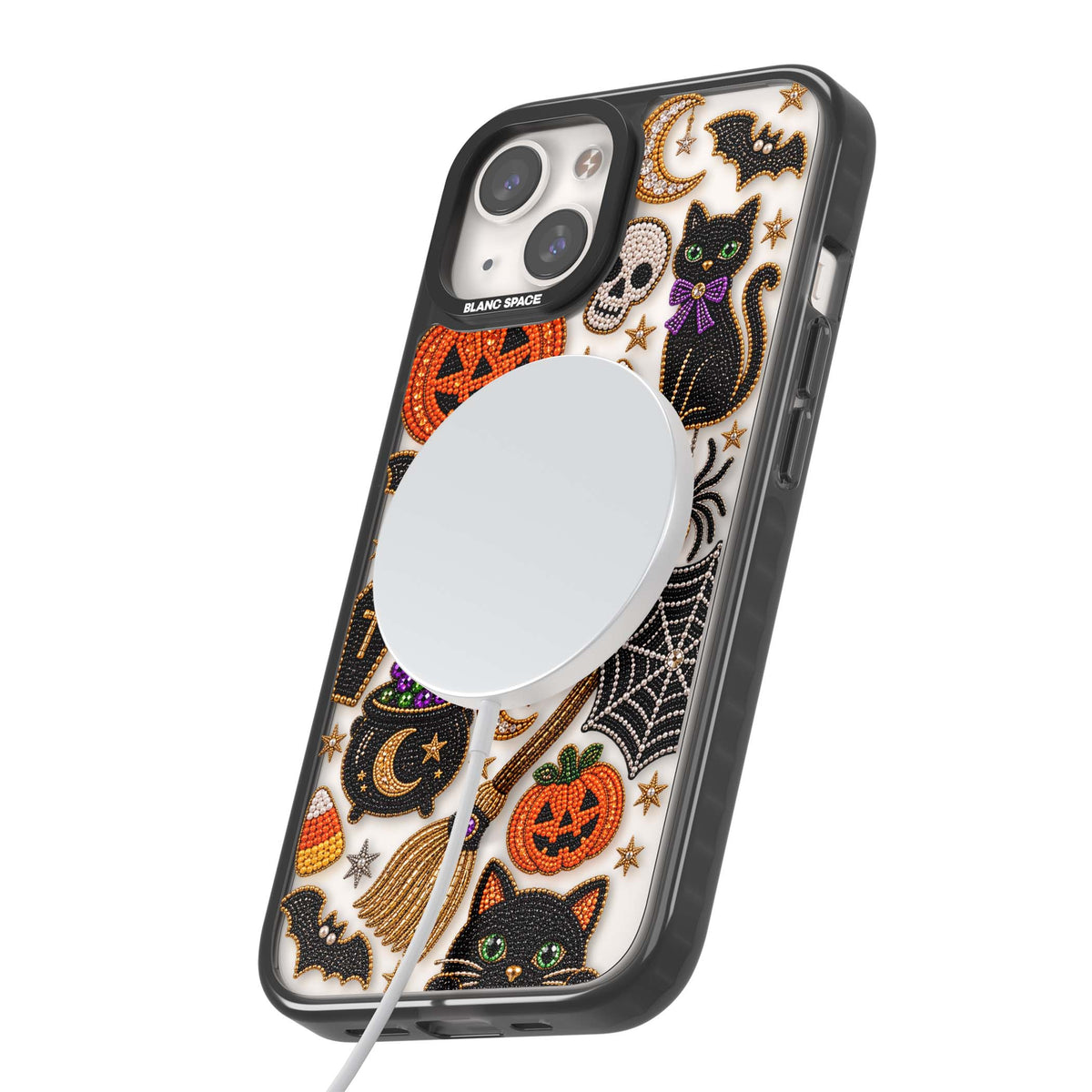 Beaded Halloween Halloween iPhone case featuring beaded pumpkins, ghosts, black cats and bats | Black Impact Magsafe case for iPhone 13, iPhone 14, iPhone 15