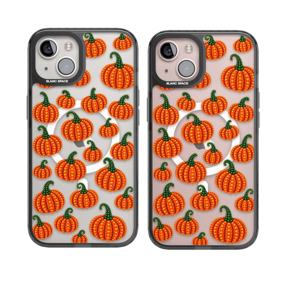 Beaded Pumpkins halloween iPhone case featuring beaded orange pumpkins with green stems on a clear background | Black Impact Magsafe case for iPhone 13, iPhone 14, iPhone 15