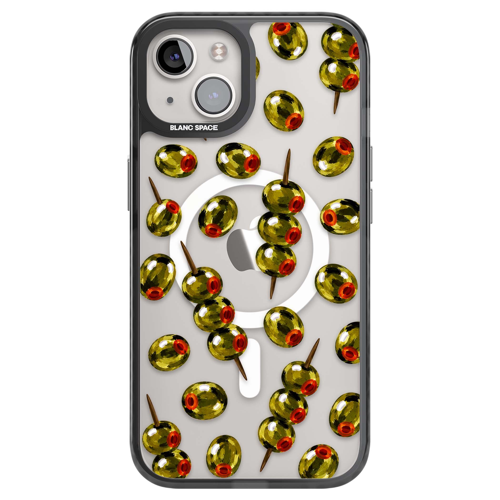 Painted Olives cocktail iPhone case featuring green olives, pimento centres and toothpick skewers on a clear background | Black Impact Magsafe case for iPhone 13, iPhone 14, iPhone 15
