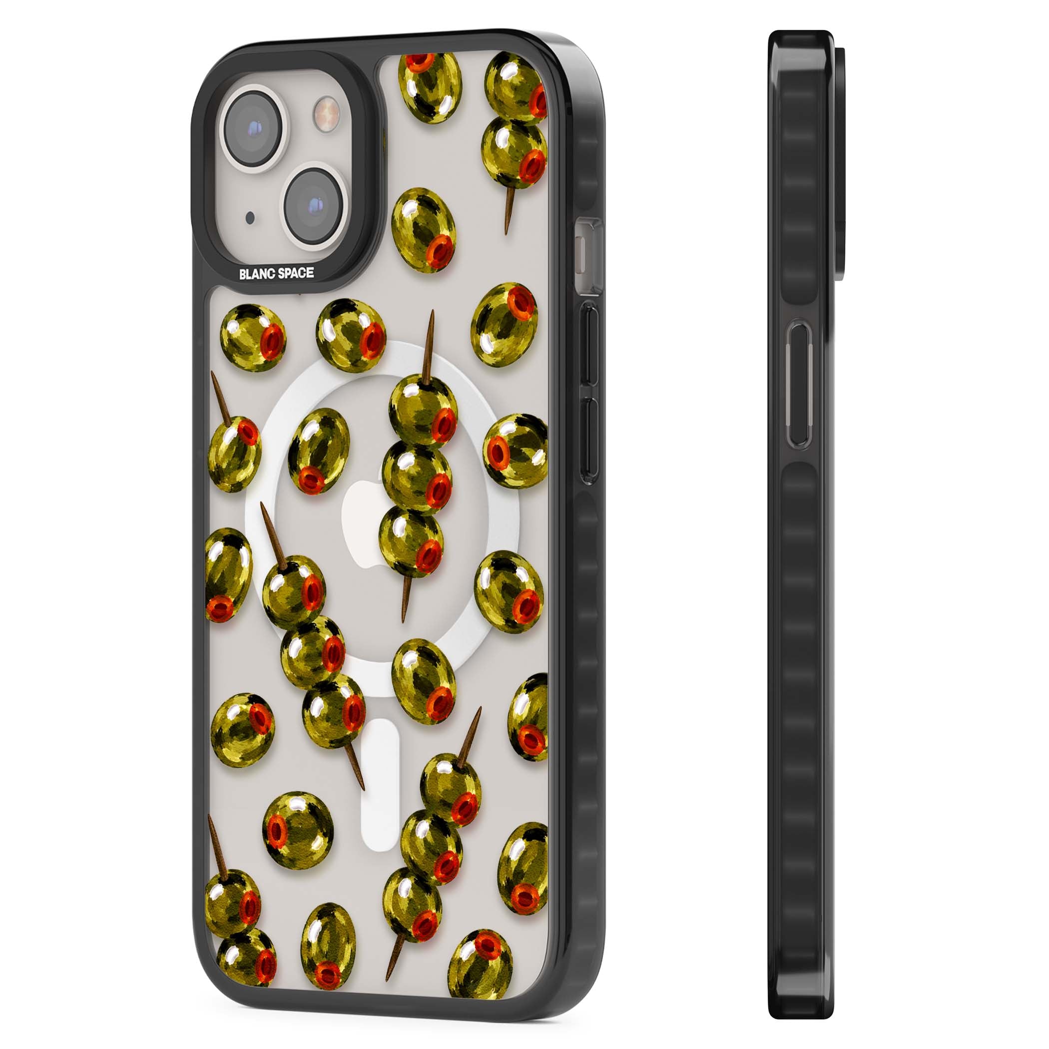 Painted Olives cocktail iPhone case featuring green olives, pimento centres and toothpick skewers on a clear background | Black Impact Magsafe case for iPhone 13, iPhone 14, iPhone 15
