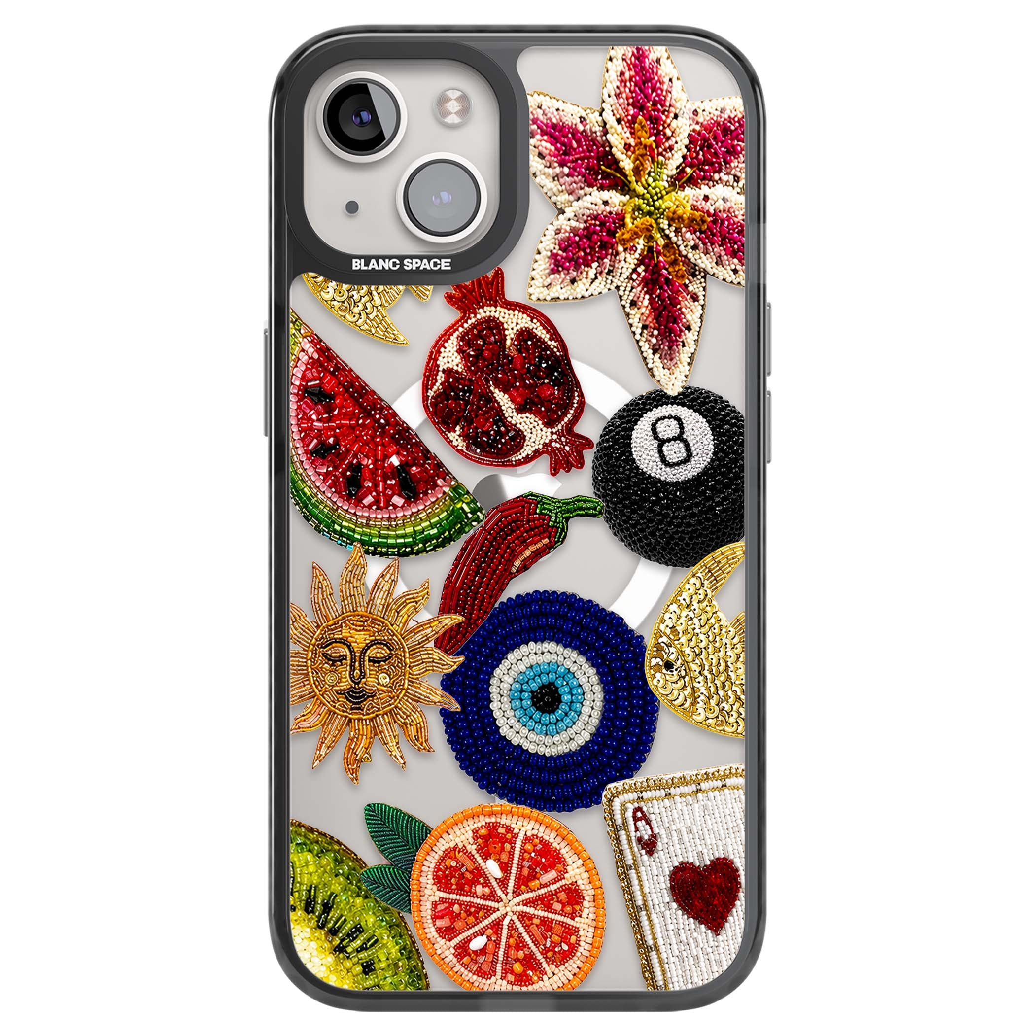 Beaded Charms embroidery iPhone case featuring beaded evil eye, fruit patches and a golden sun motif | Black Impact Magsafe case for iPhone 13, iPhone 14, iPhone 15