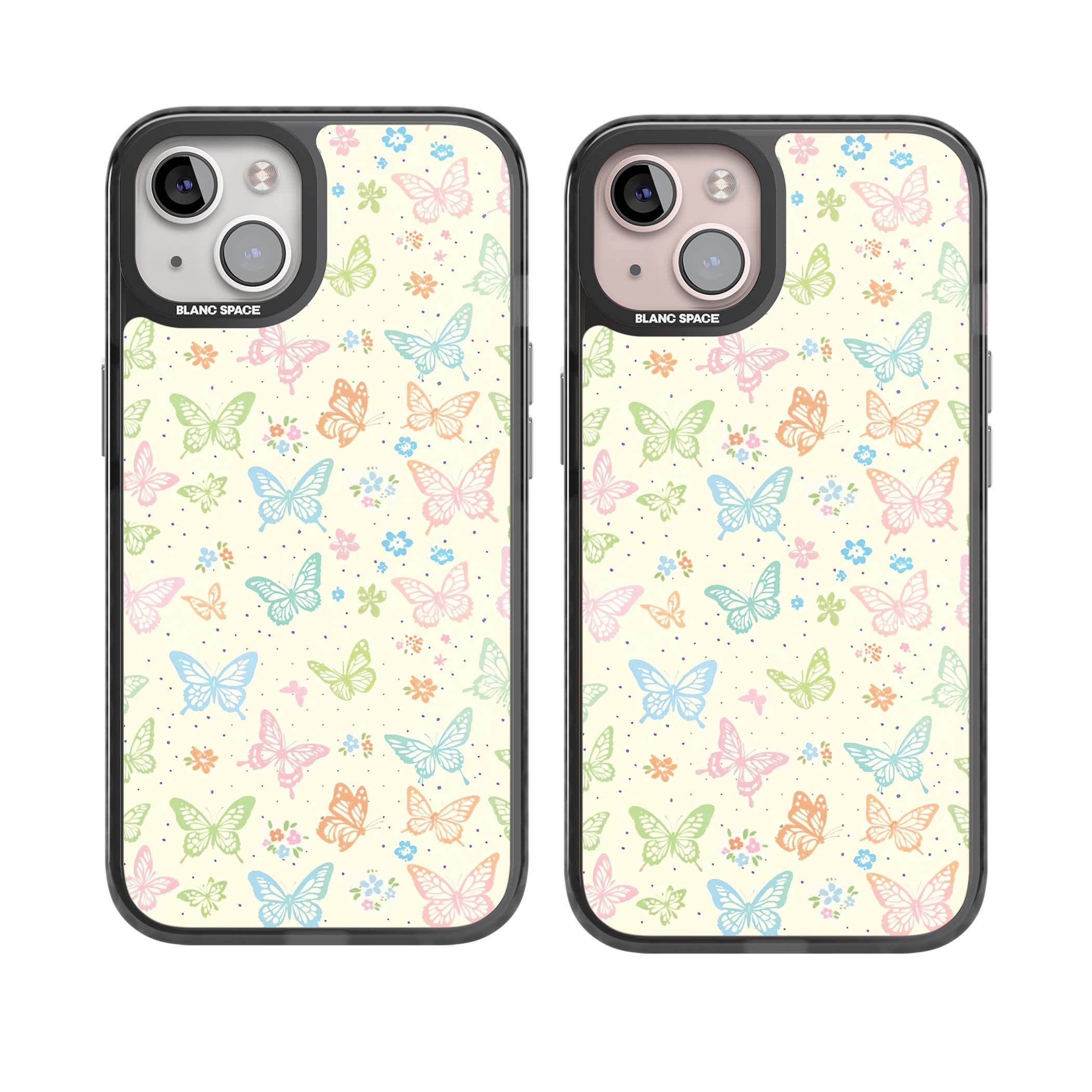 Sugar Wings cottagecore iPhone case featuring rainbow pastel butterflies, tiny wildflowers, and a cream background | Black Impact Magsafe case for iPhone 13, iPhone 14, iPhone 15