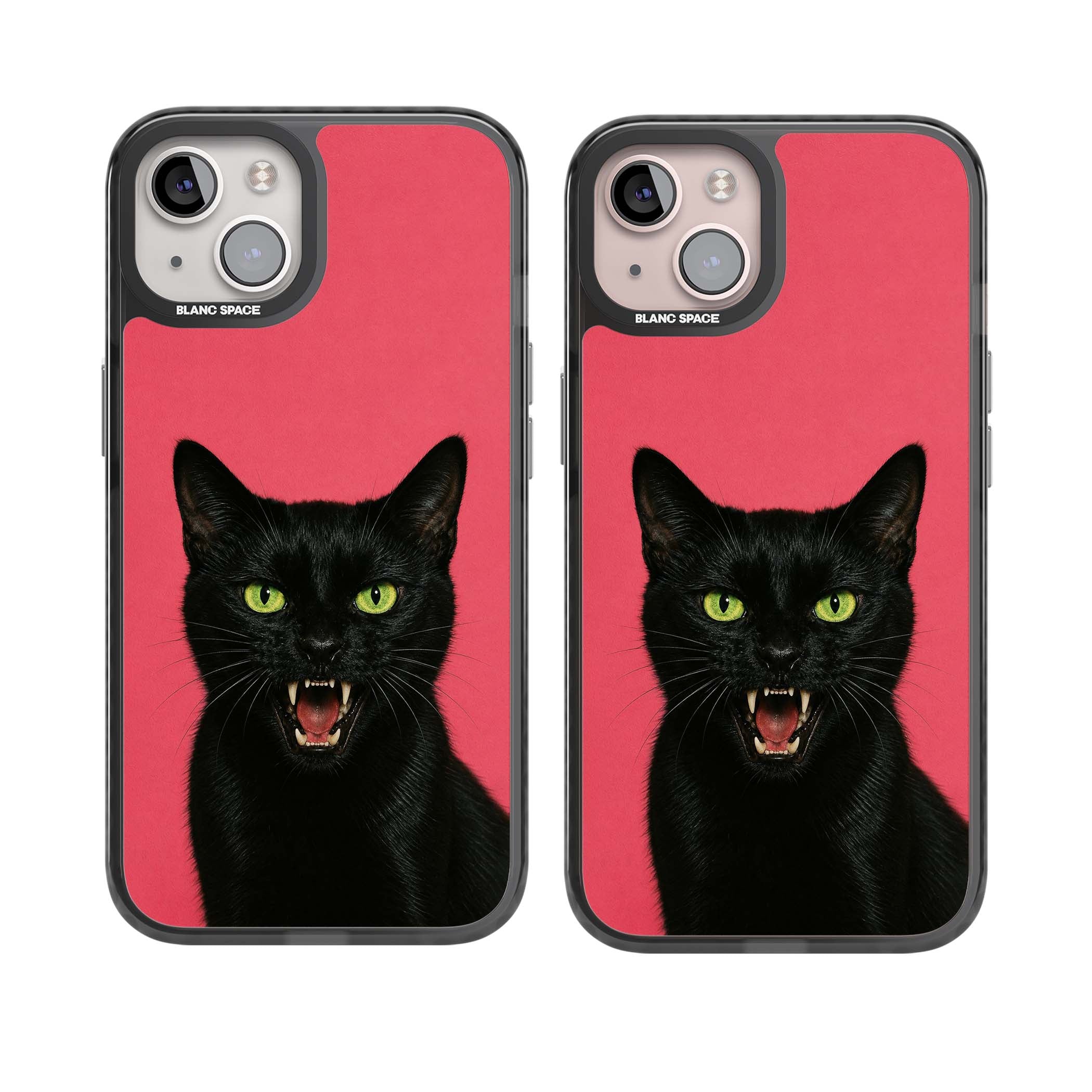 Hissin' Baddie black cat iPhone case featuring a hissing feline with green eyes on a hot pink background | Black Impact Magsafe case for iPhone 13, iPhone 14, iPhone 15