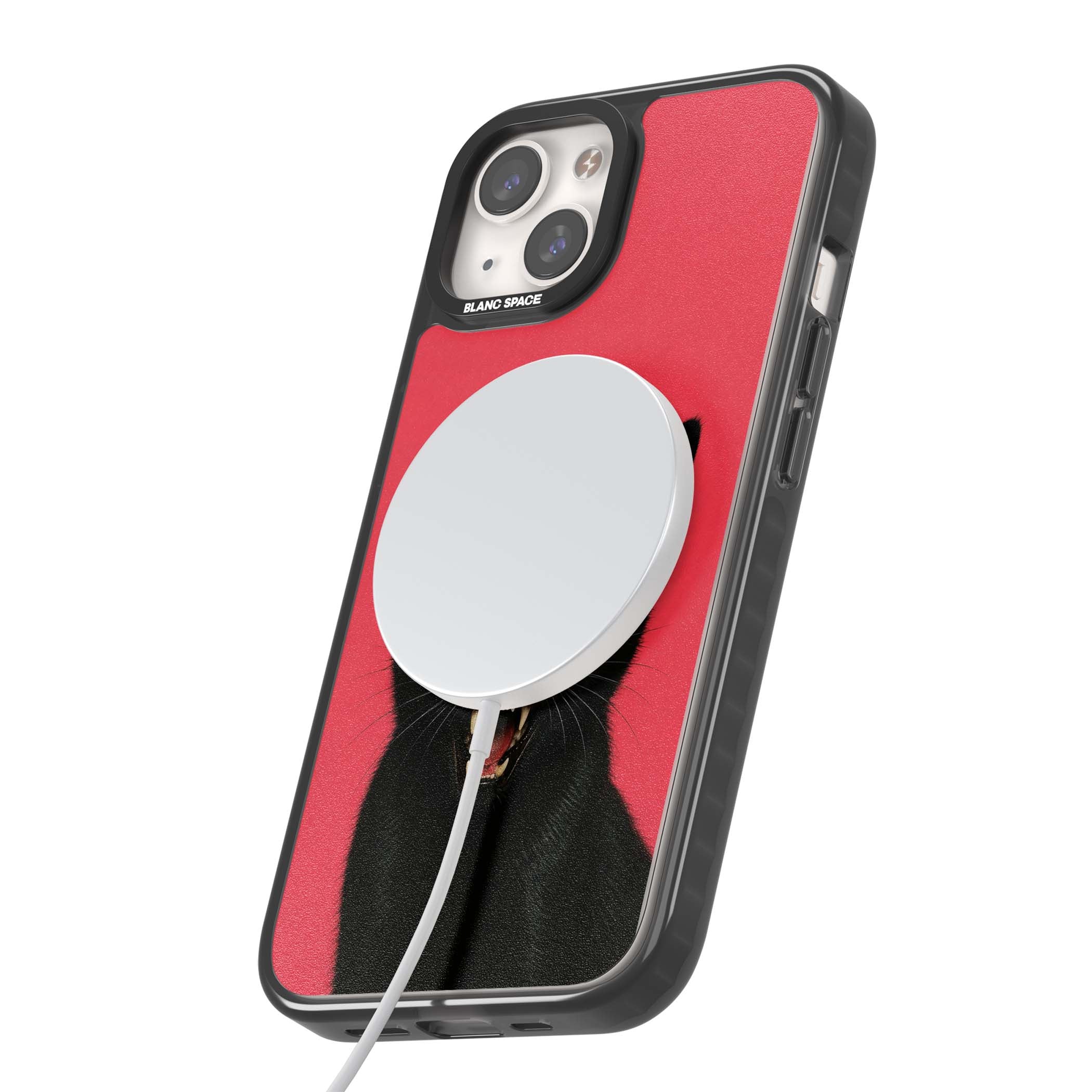 Hissin' Baddie black cat iPhone case featuring a hissing feline with green eyes on a hot pink background | Black Impact Magsafe case for iPhone 13, iPhone 14, iPhone 15