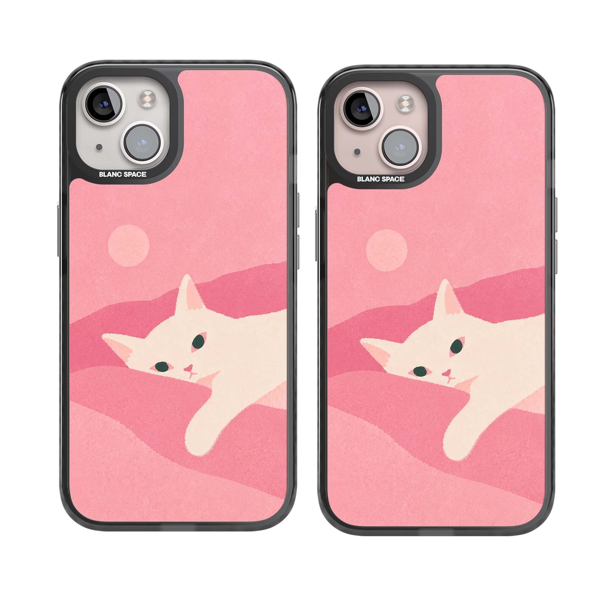 Pink Dreams cute cat iPhone case featuring a white kitten, soft pink hills and a pale pastel sun | Black Impact Magsafe case for iPhone 13, iPhone 14, iPhone 15