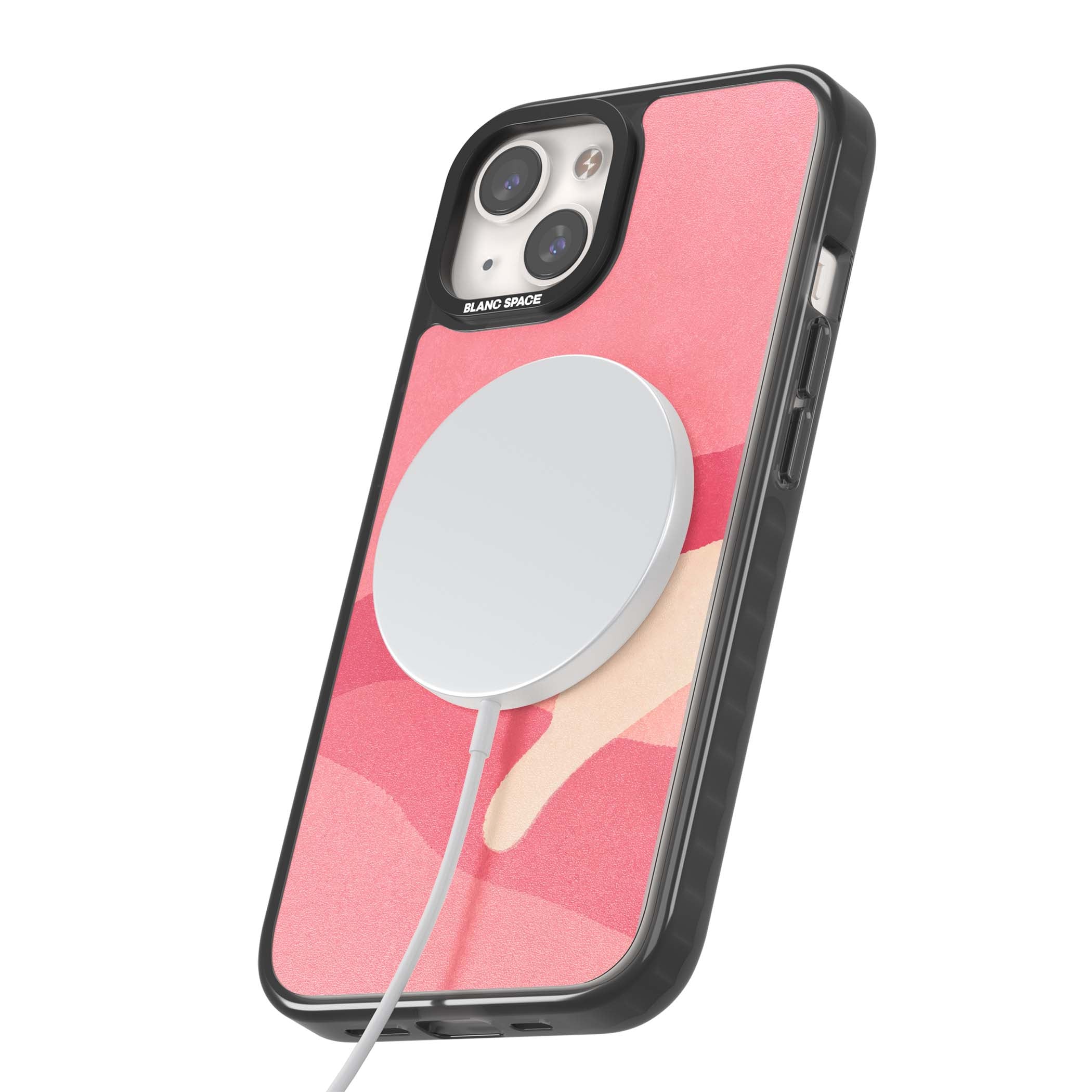Pink Dreams cute cat iPhone case featuring a white kitten, soft pink hills and a pale pastel sun | Black Impact Magsafe case for iPhone 13, iPhone 14, iPhone 15