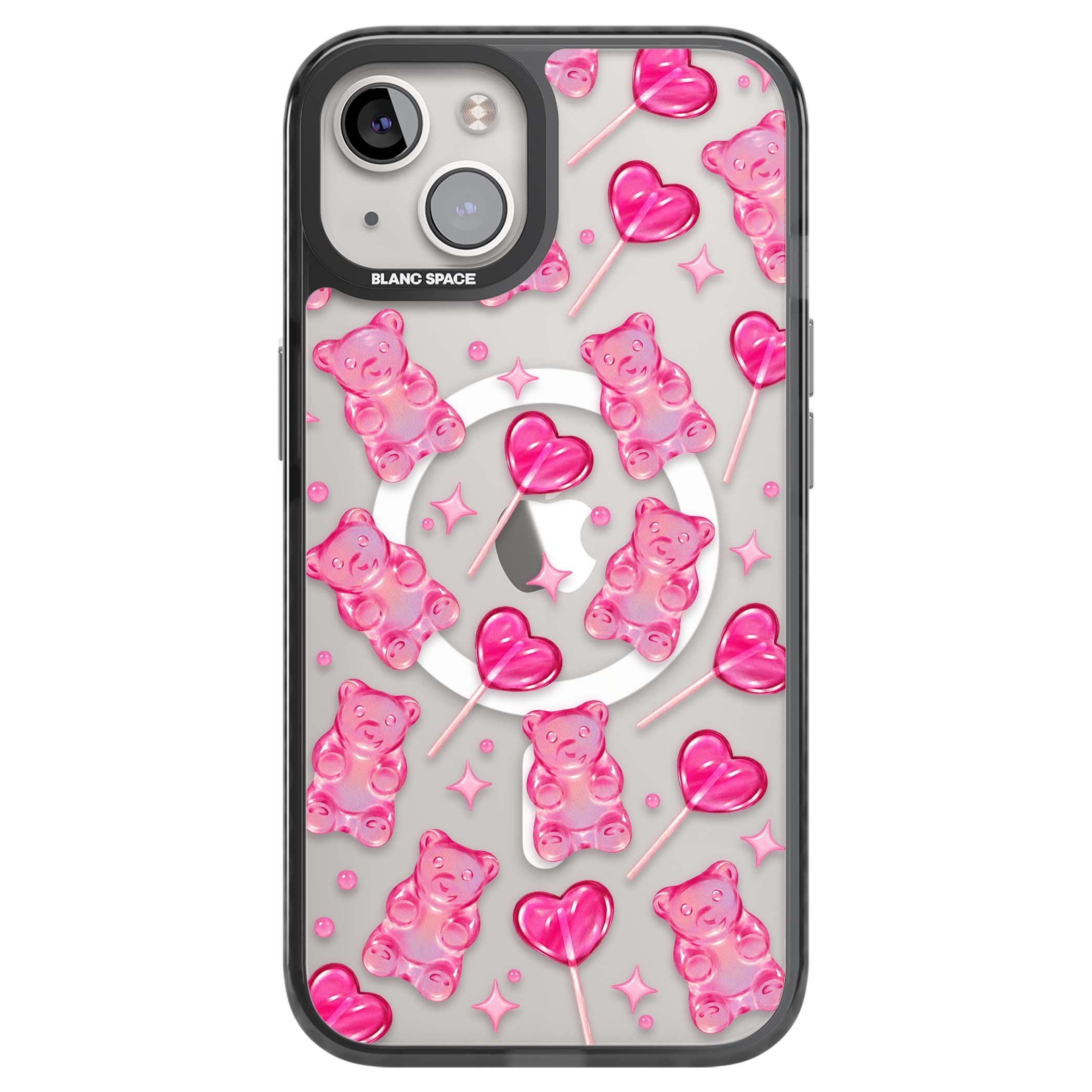 Pink Sugar pinkcore iPhone case featuring pink gummy bears, heart-shaped lollipops and sparkle stars | Black Impact Magsafe case for iPhone 13, iPhone 14, iPhone 15