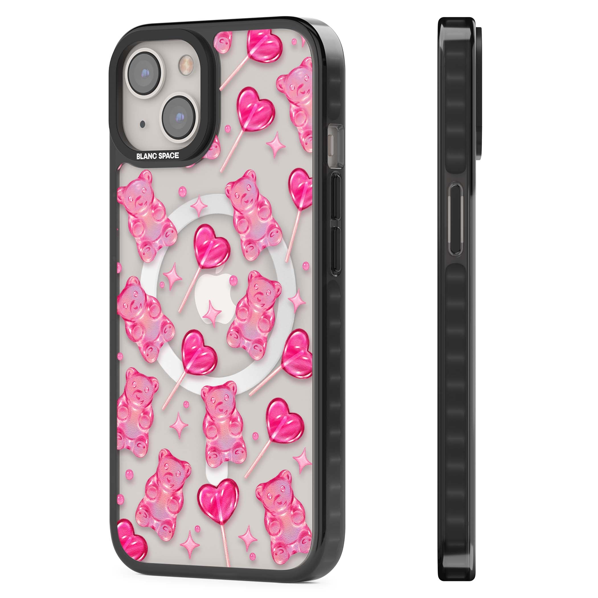 Pink Sugar pinkcore iPhone case featuring pink gummy bears, heart-shaped lollipops and sparkle stars | Black Impact Magsafe case for iPhone 13, iPhone 14, iPhone 15