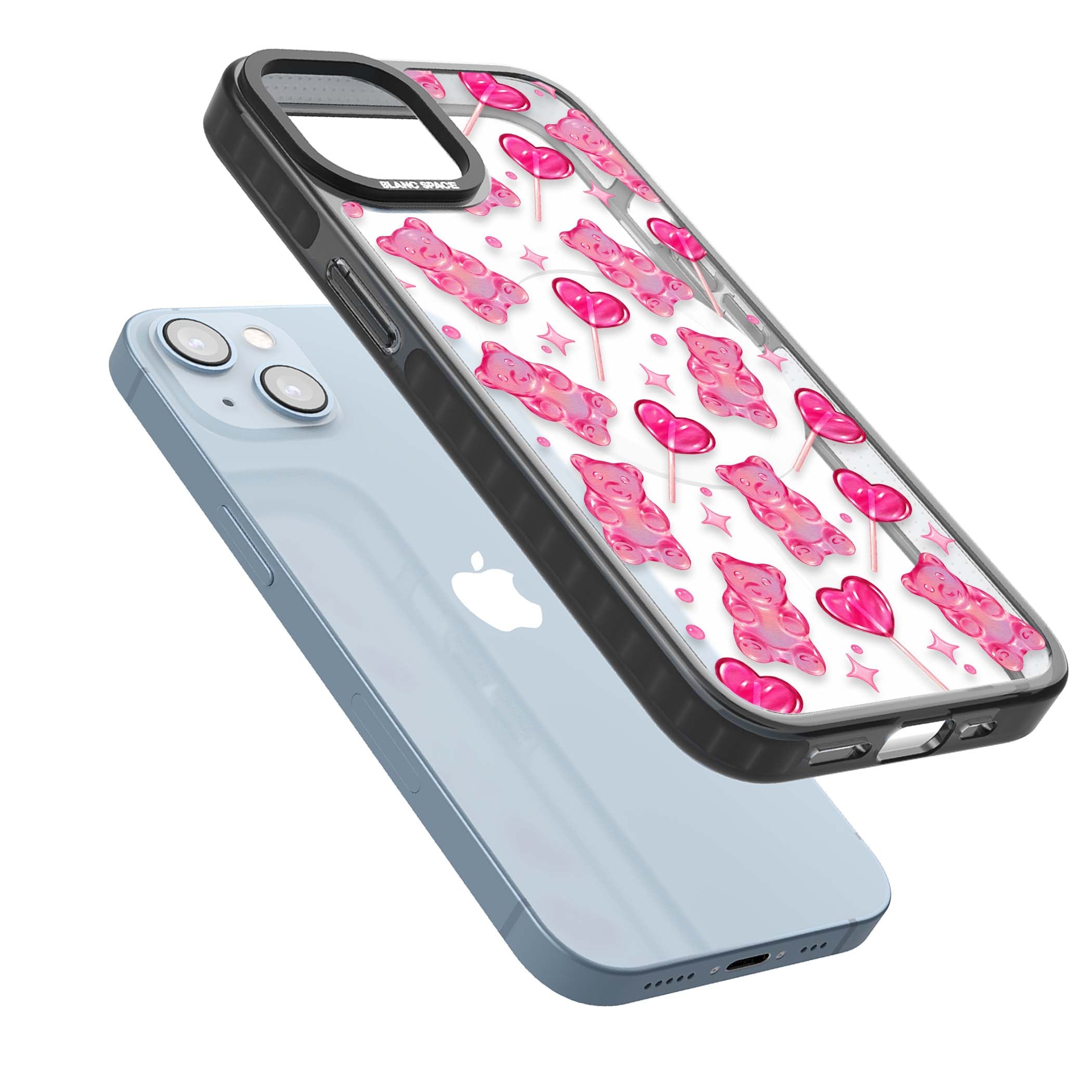 Pink Sugar pinkcore iPhone case featuring pink gummy bears, heart-shaped lollipops and sparkle stars | Black Impact Magsafe case for iPhone 13, iPhone 14, iPhone 15