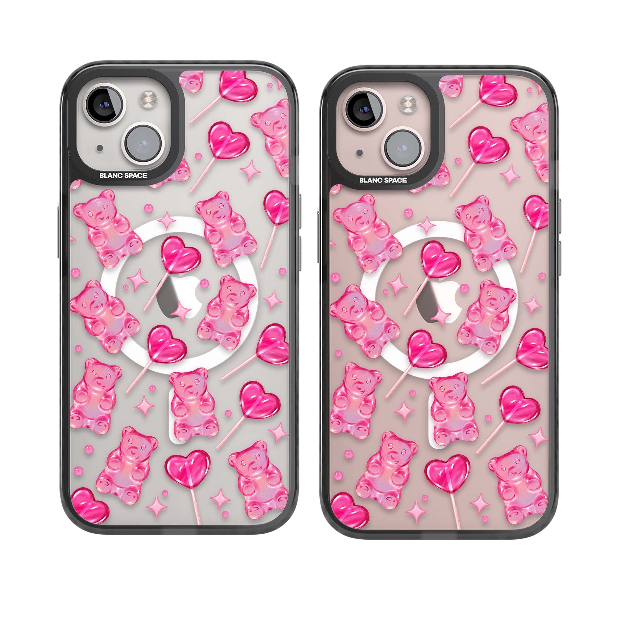 Pink Sugar pinkcore iPhone case featuring pink gummy bears, heart-shaped lollipops and sparkle stars | Black Impact Magsafe case for iPhone 13, iPhone 14, iPhone 15