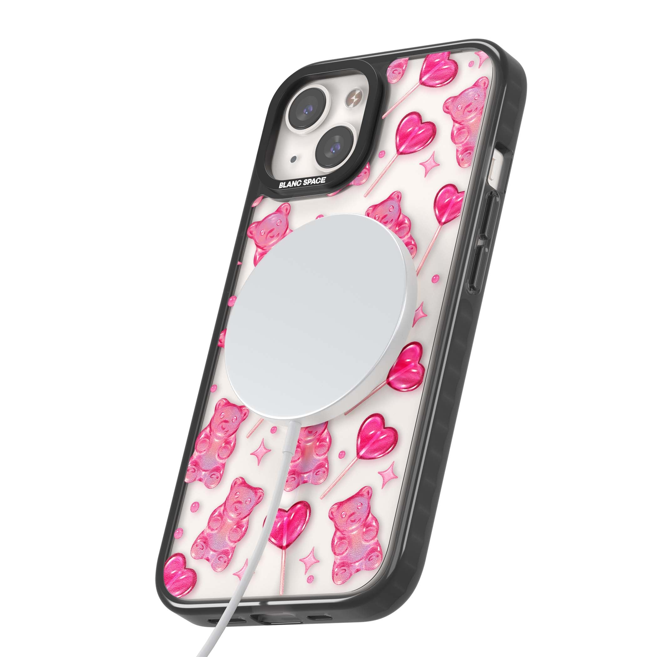 Pink Sugar pinkcore iPhone case featuring pink gummy bears, heart-shaped lollipops and sparkle stars | Black Impact Magsafe case for iPhone 13, iPhone 14, iPhone 15