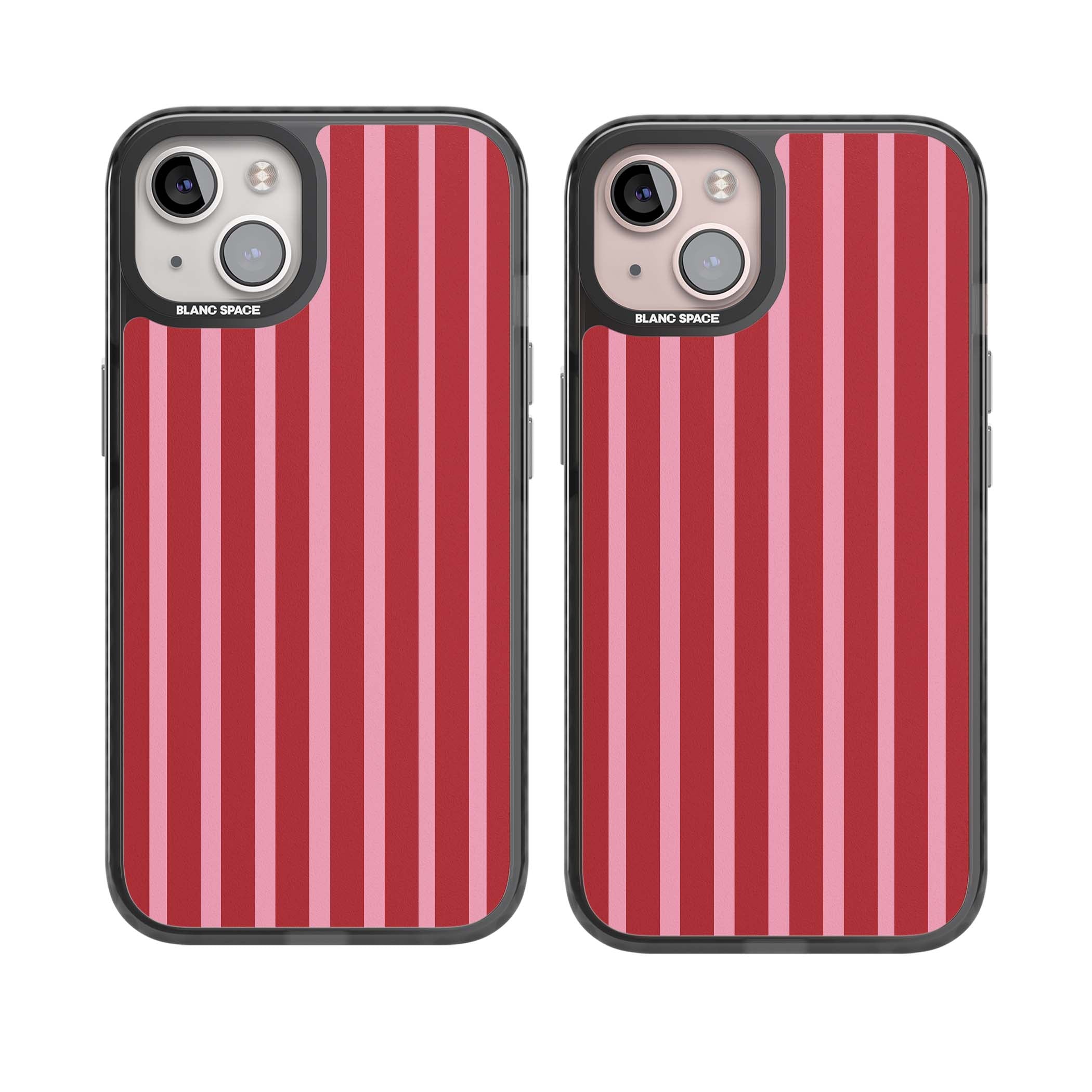 Raspberry Stripe coquette iPhone case featuring red and pink vertical stripes in a candy-inspired pattern | Black Impact Magsafe case for iPhone 13, iPhone 14, iPhone 15