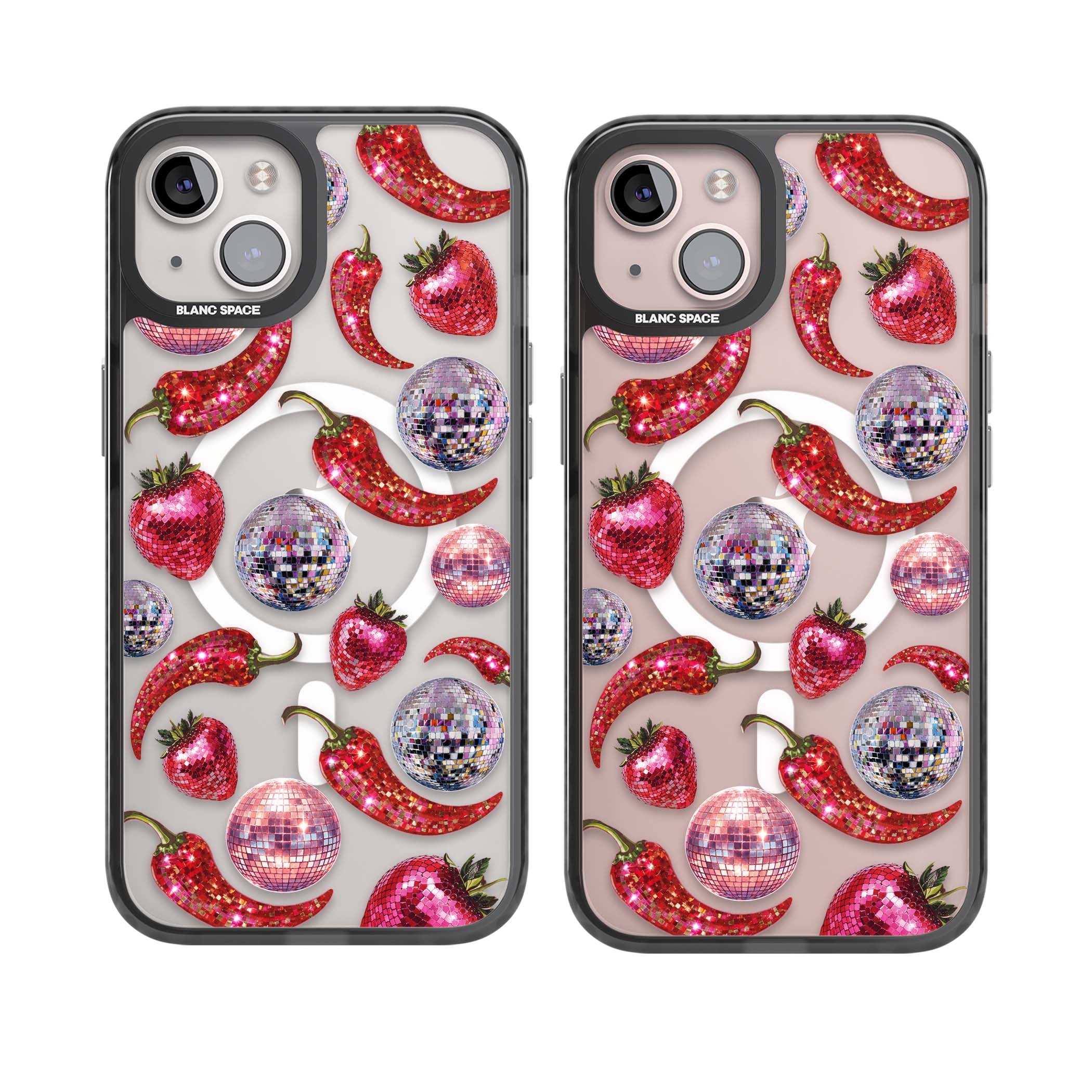 Spicy Disco Y2K iPhone case featuring glitter disco balls, sparkly strawberries and red chilli peppers | Black Impact Magsafe case for iPhone 13, iPhone 14, iPhone 15