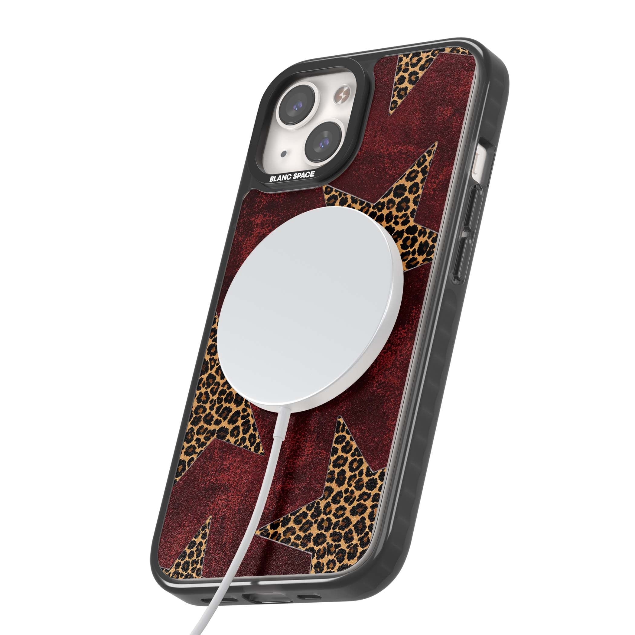 Showgirl leopard print iPhone case featuring cheetah print stars on distressed red grunge background | Black Impact Magsafe case for iPhone 13, iPhone 14, iPhone 15