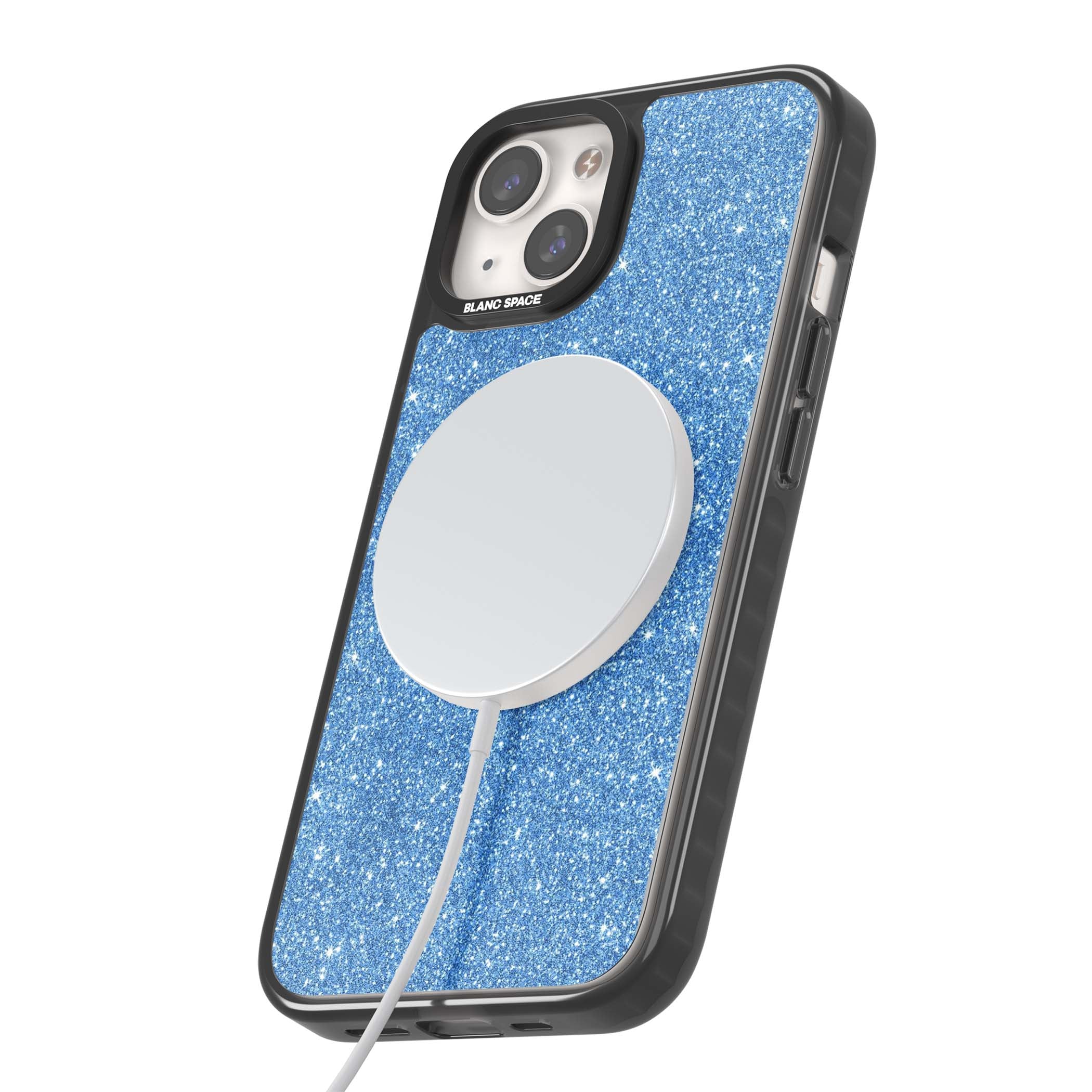 Blue Glitter blue glitter iPhone case featuring dense sparkling cerulean glitter with a glamorous shimmering finish | Black Impact Magsafe case for iPhone 13, iPhone 14, iPhone 15