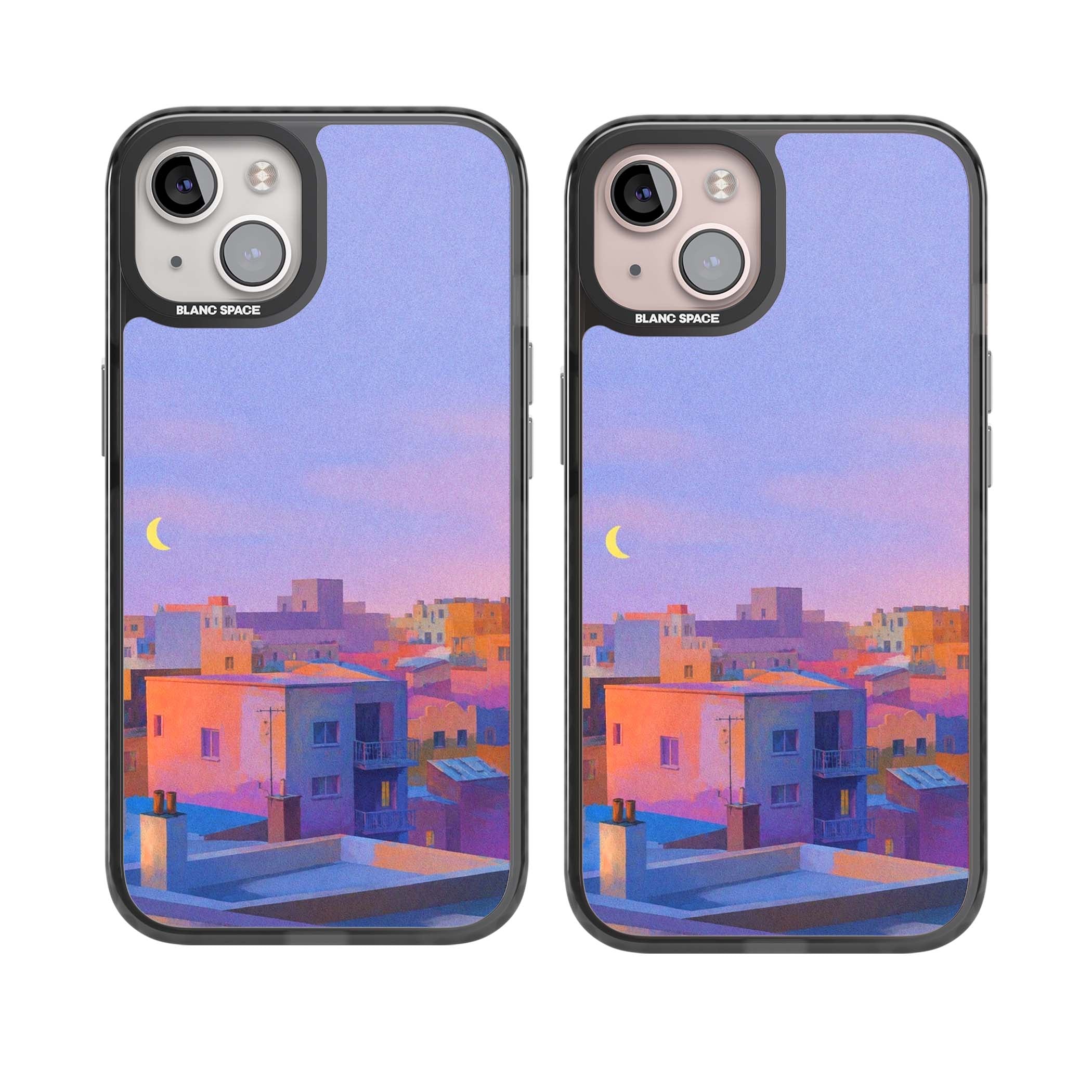 Twilight Rooftops vaporwave iPhone case featuring a pastel sunset cityscape, painted rooftops and a crescent moon. | Black Impact Magsafe case for iPhone 13, iPhone 14, iPhone 15