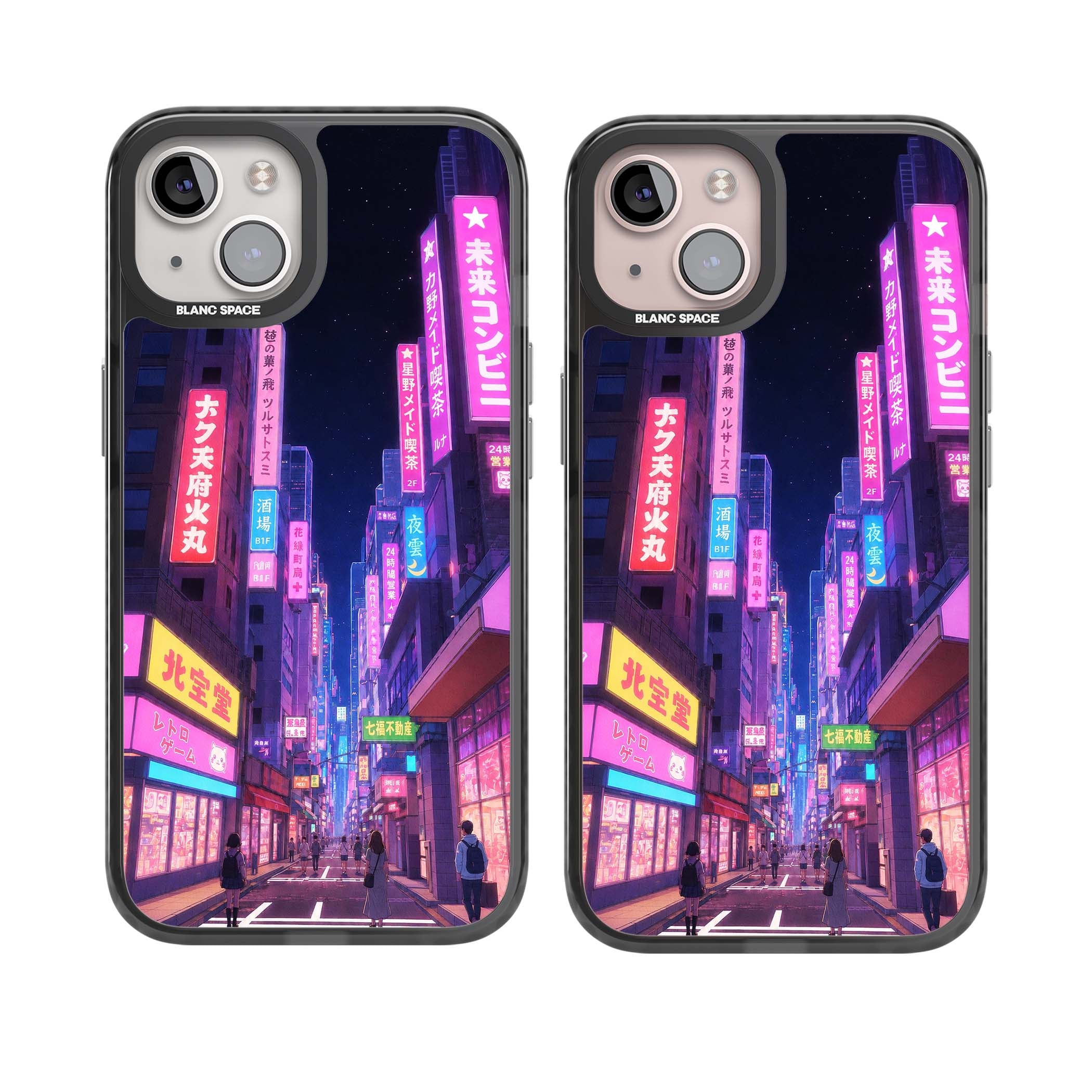 Shibuya At Night Japanese neon city iPhone case featuring glowing kanji signs, pink storefronts and a Tokyo street at n | Black Impact Magsafe case for iPhone 13, iPhone 14, iPhone 15