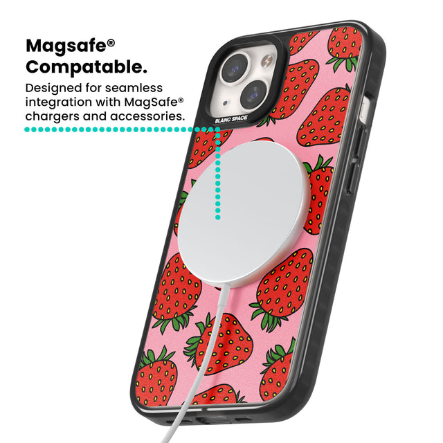 Strawberry Pattern (Pink) Magsafe Black Impact Phone Case for iPhone 13, iPhone 14, iPhone 15