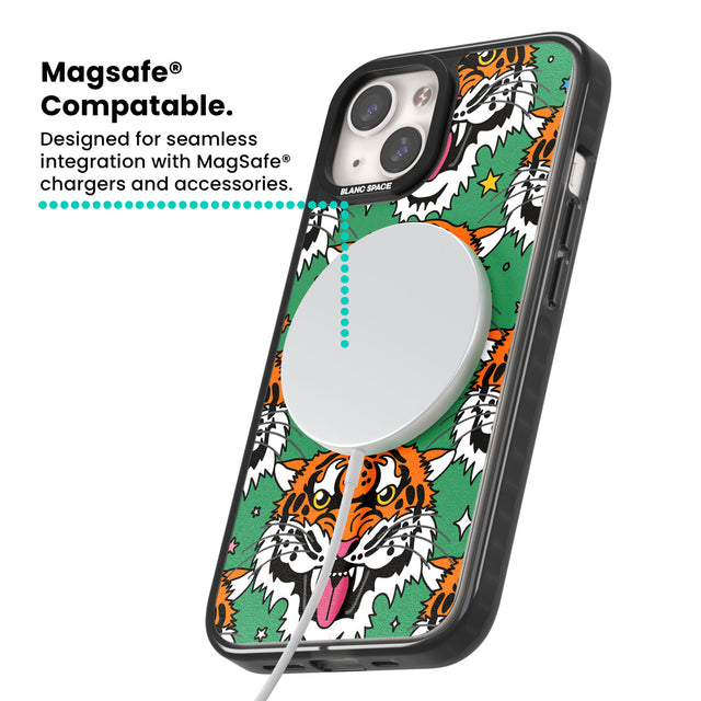 Fierce Jungle Tigers (Green) Magsafe Black Impact Phone Case for iPhone 13, iPhone 14, iPhone 15