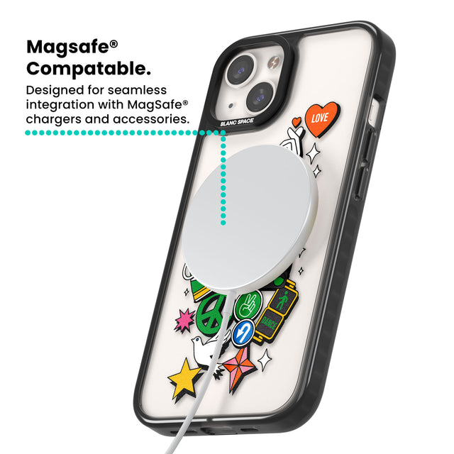 Nostalgic Sticker Collage Magsafe Black Impact Phone Case for iPhone 13, iPhone 14, iPhone 15
