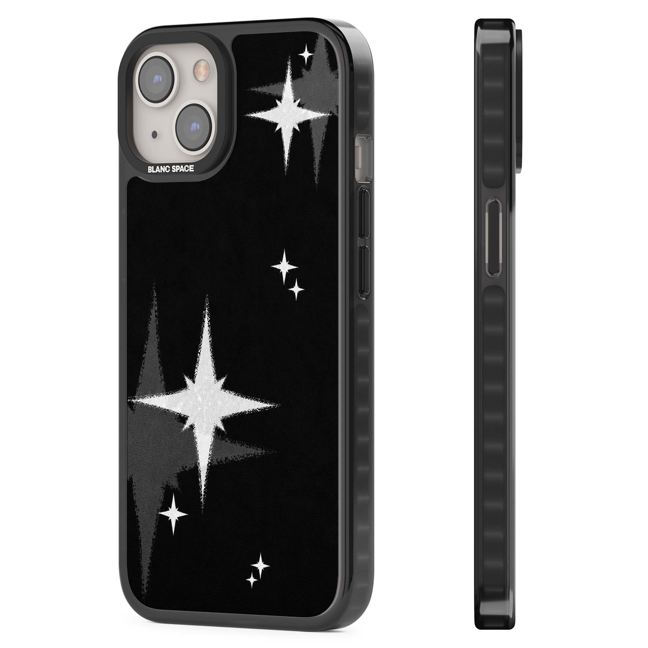 Black Sparkle celestial iPhone case featuring white sparkle stars on a black night sky background | Black Impact Magsafe case for iPhone 13, iPhone 14, iPhone 15