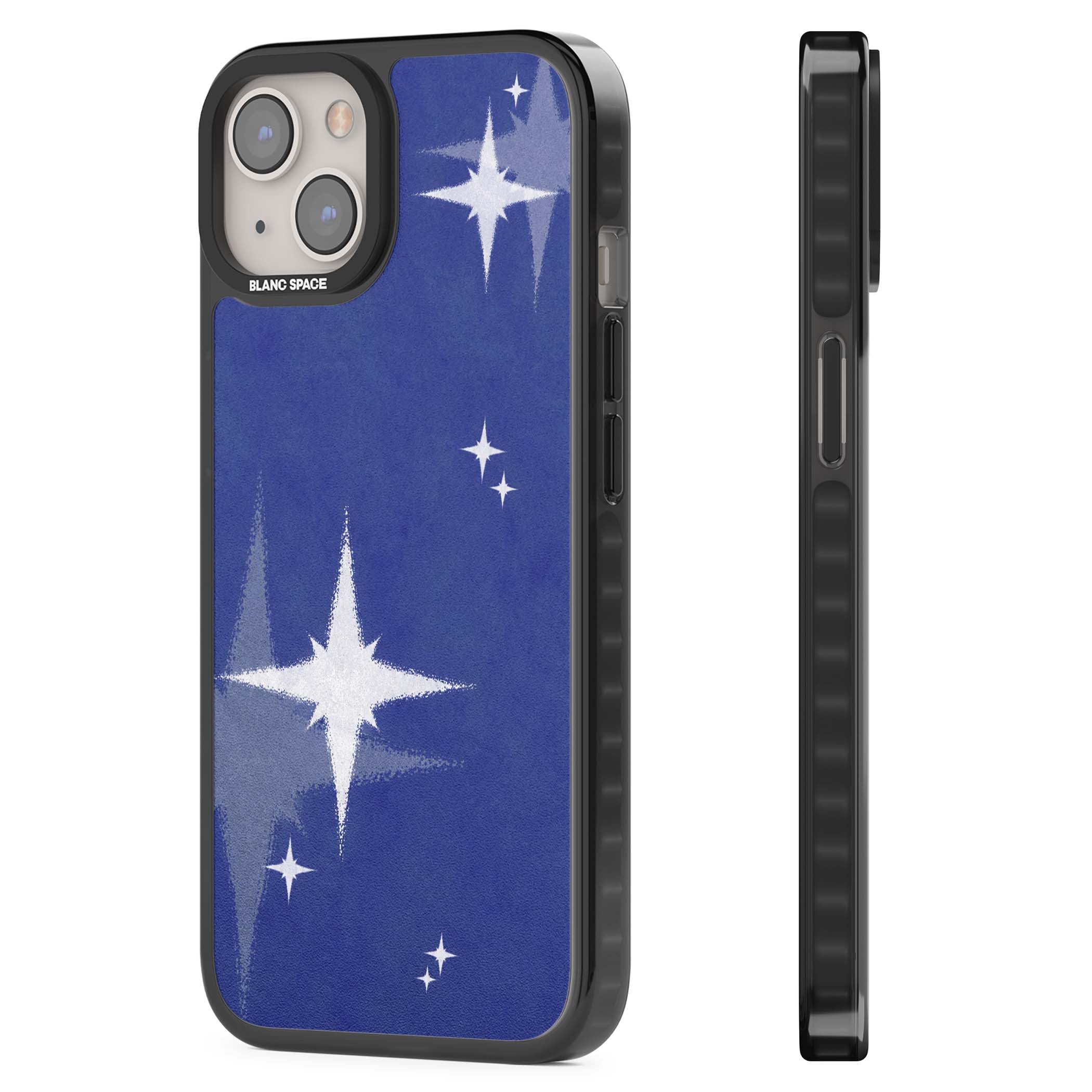 Blue Sparkle celestial iPhone case featuring sparkling silver stars on a deep blue painterly night sky | Black Impact Magsafe case for iPhone 13, iPhone 14, iPhone 15