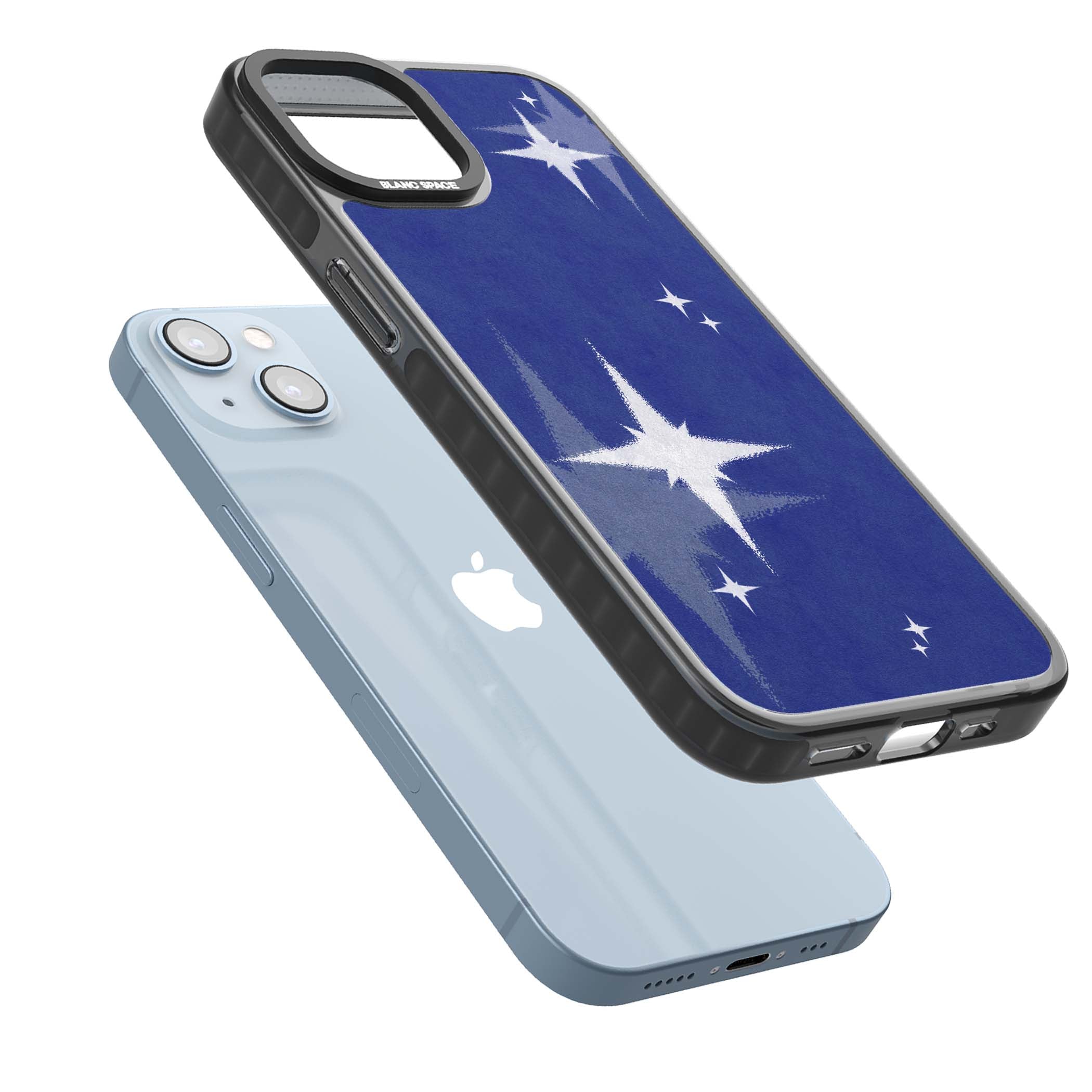 Blue Sparkle celestial iPhone case featuring sparkling silver stars on a deep blue painterly night sky | Black Impact Magsafe case for iPhone 13, iPhone 14, iPhone 15