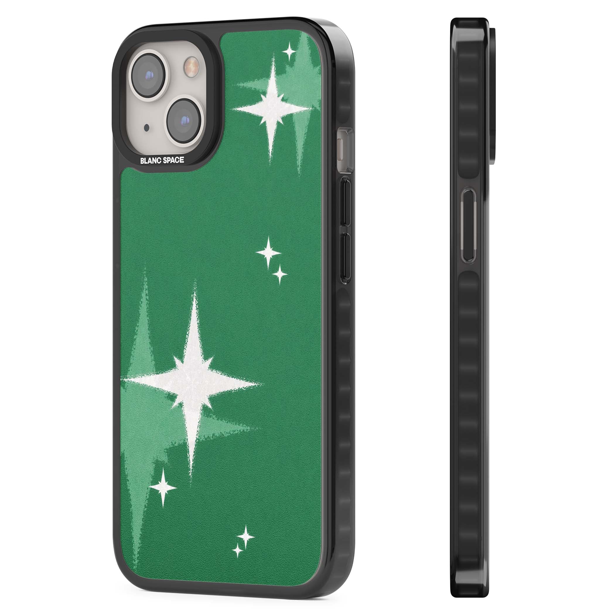 Green Sparkle celestial iPhone case featuring sparkling white four-point stars on a deep green background | Black Impact Magsafe case for iPhone 13, iPhone 14, iPhone 15