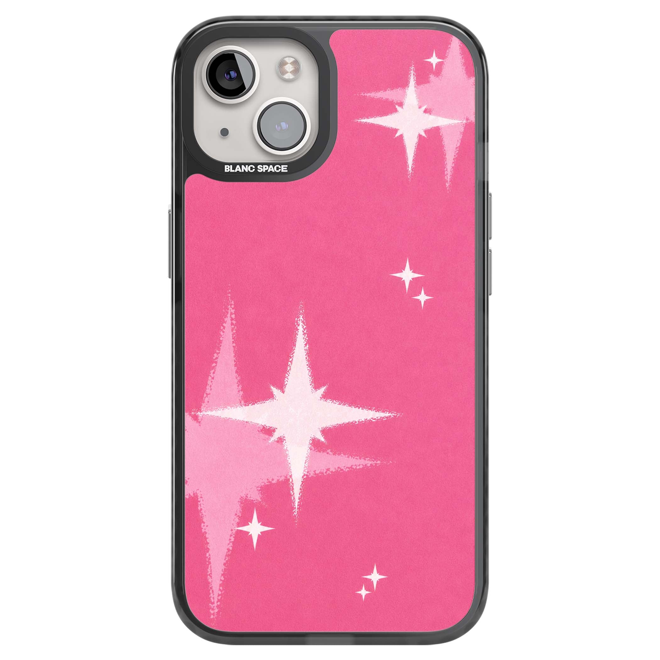 Pink Sparkle Y2K iPhone case featuring hot pink background with shimmering white starburst pattern | Black Impact Magsafe case for iPhone 13, iPhone 14, iPhone 15