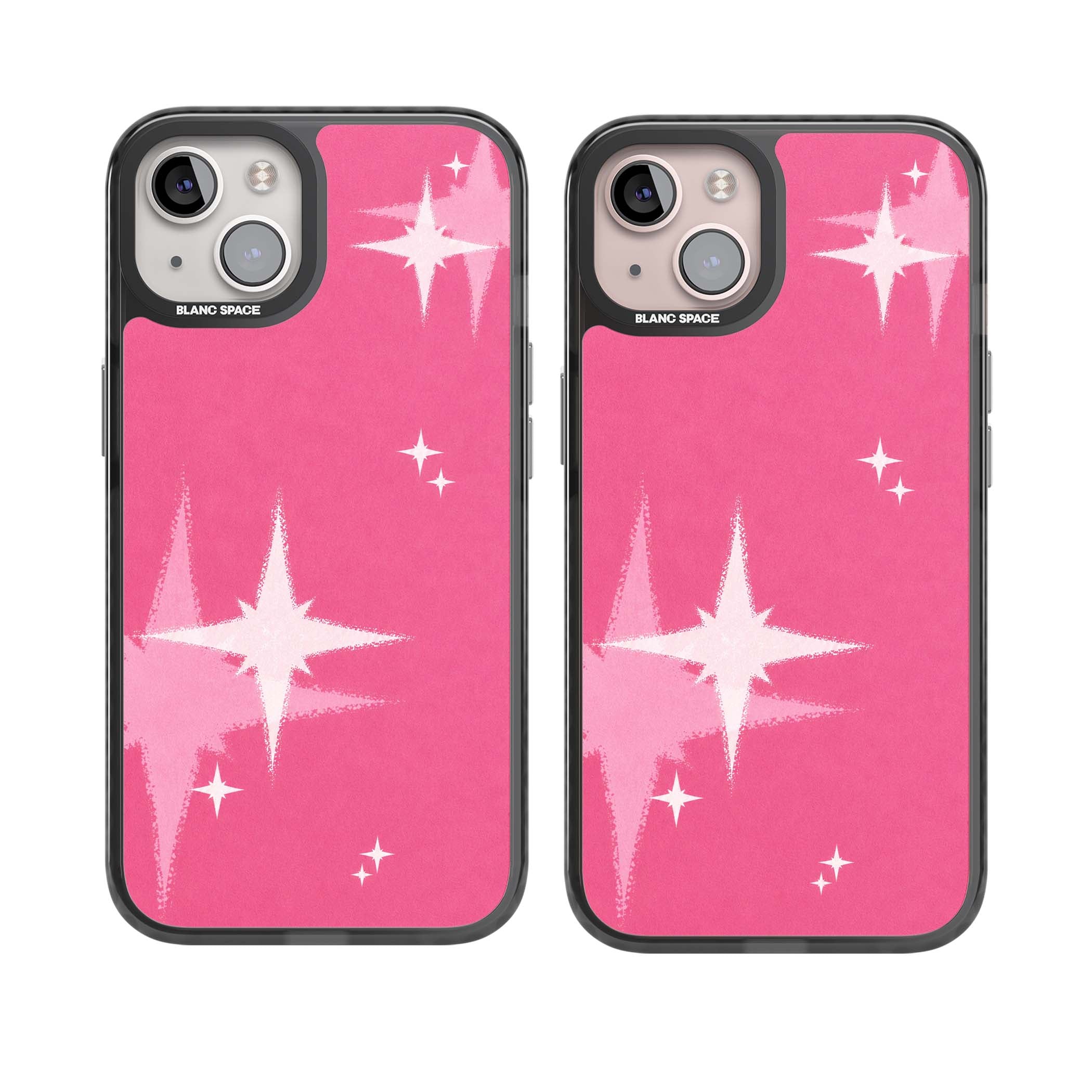 Pink Sparkle Y2K iPhone case featuring hot pink background with shimmering white starburst pattern | Black Impact Magsafe case for iPhone 13, iPhone 14, iPhone 15