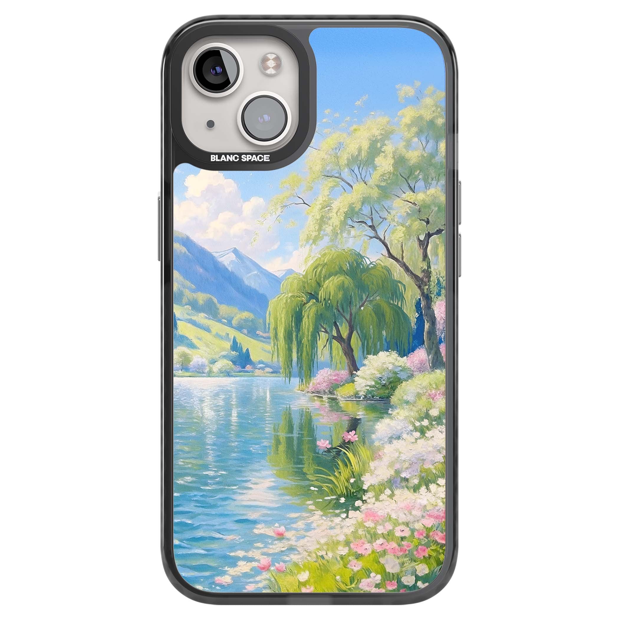 Willow Lake cottagecore iPhone case featuring a painted lakeside with weeping willow, blossoms and distant mountains | Black Impact Magsafe case for iPhone 13, iPhone 14, iPhone 15