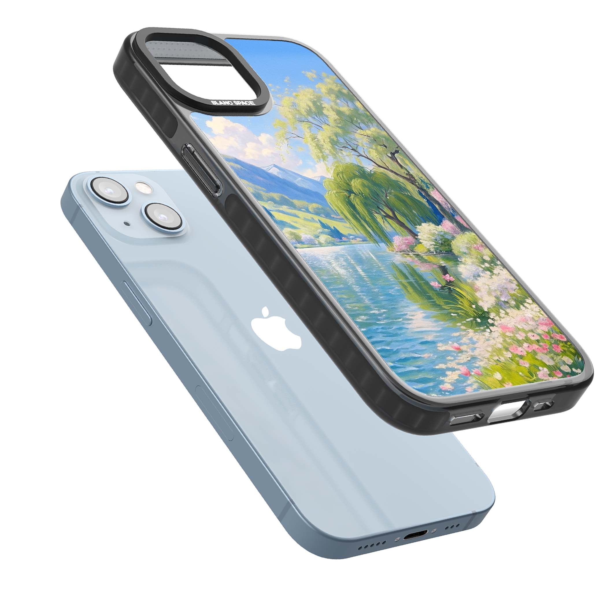 Willow Lake cottagecore iPhone case featuring a painted lakeside with weeping willow, blossoms and distant mountains | Black Impact Magsafe case for iPhone 13, iPhone 14, iPhone 15