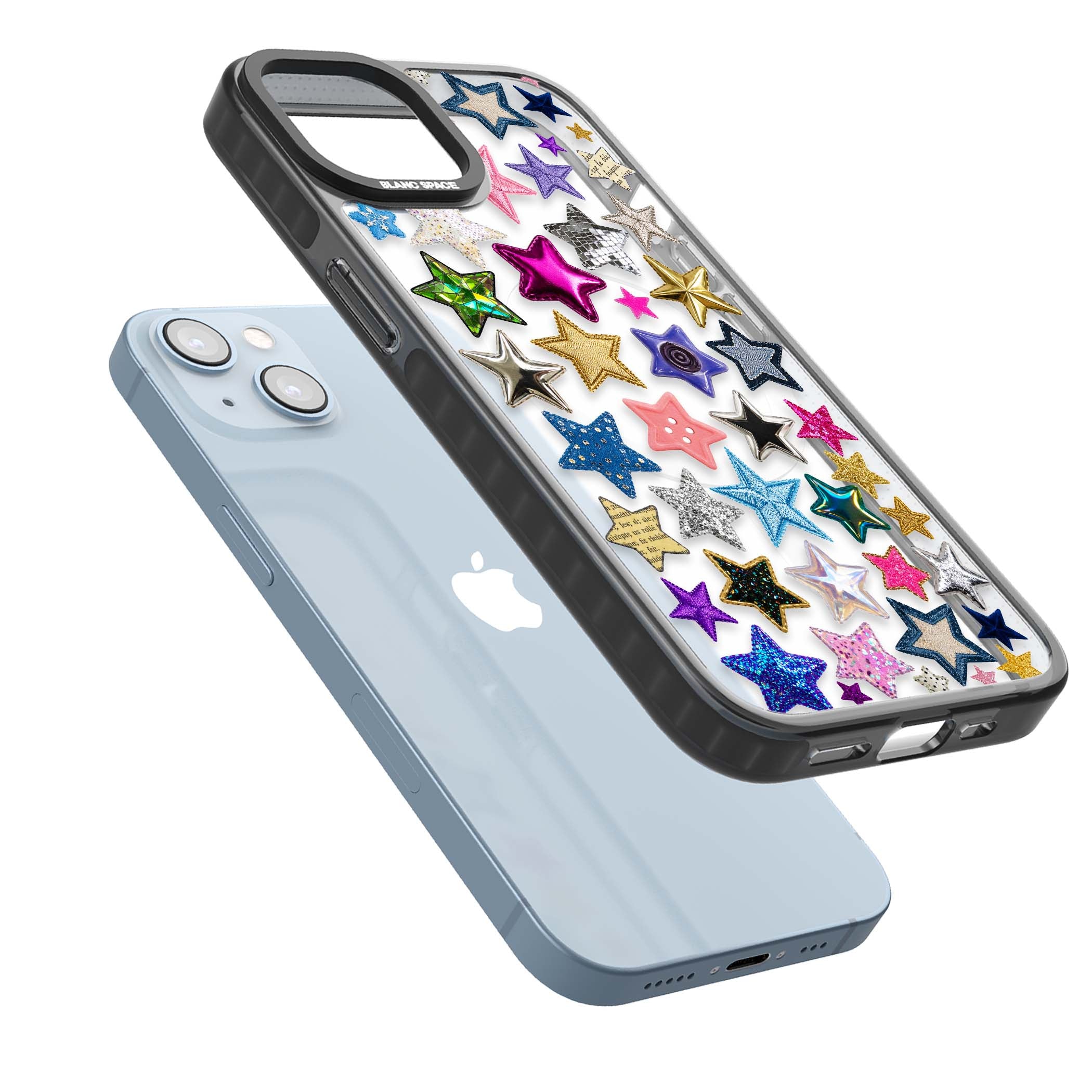 Crafty Star Mix Y2K iPhone case featuring embroidered, sequinned and glitter star patches in rainbow colours | Black Impact Magsafe case for iPhone 13, iPhone 14, iPhone 15