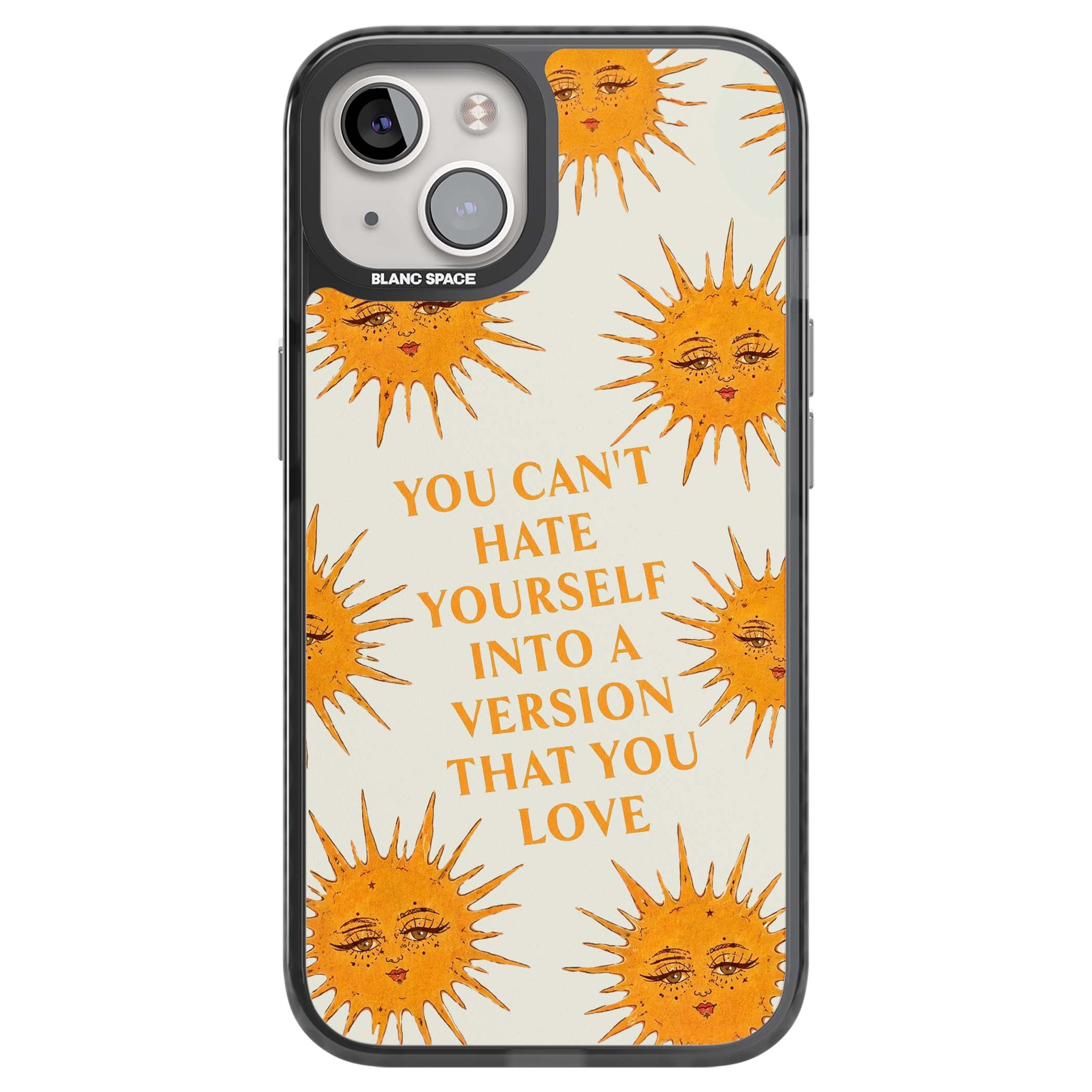 Don't Hate Yourself celestial iPhone case featuring vintage sun faces, ochre rays and a self-love quote | Black Impact Magsafe case for iPhone 13, iPhone 14, iPhone 15