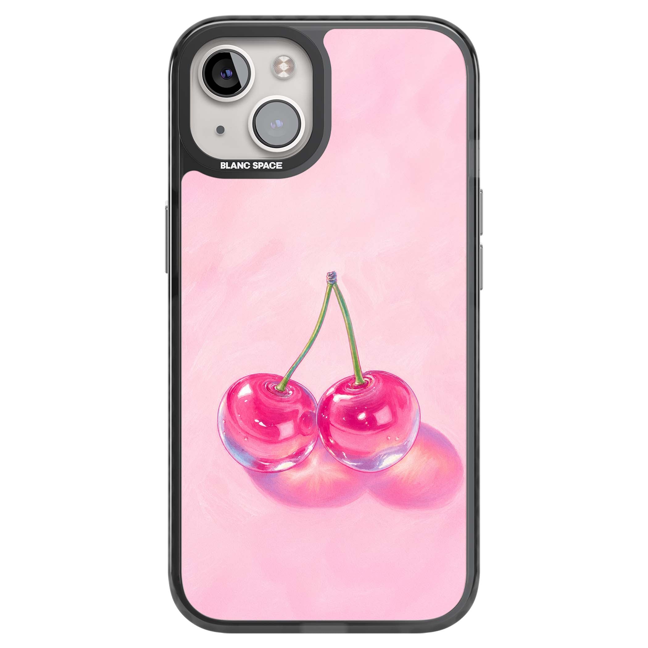 Pink Glass Cherry coquette iPhone case featuring two glossy painted cherries on a soft pink background | Black Impact Magsafe case for iPhone 13, iPhone 14, iPhone 15