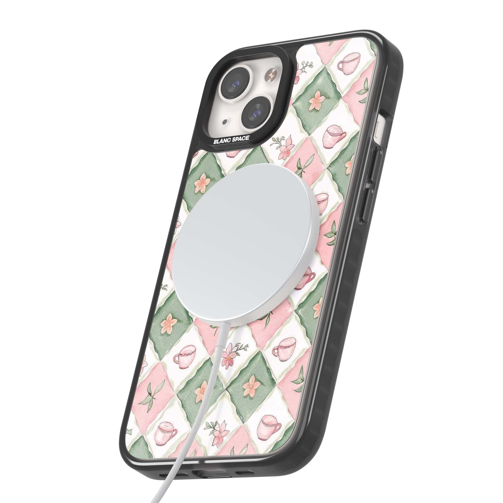 Garden Tea Party coquette iPhone case with pink and green checkered pattern, watercolour teacups and wildflowers | Black Impact Magsafe case for iPhone 13, iPhone 14, iPhone 15
