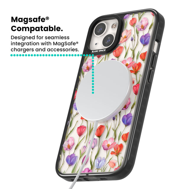 Red, Pink & Purple Flowers Magsafe Black Impact Phone Case for iPhone 13, iPhone 14, iPhone 15