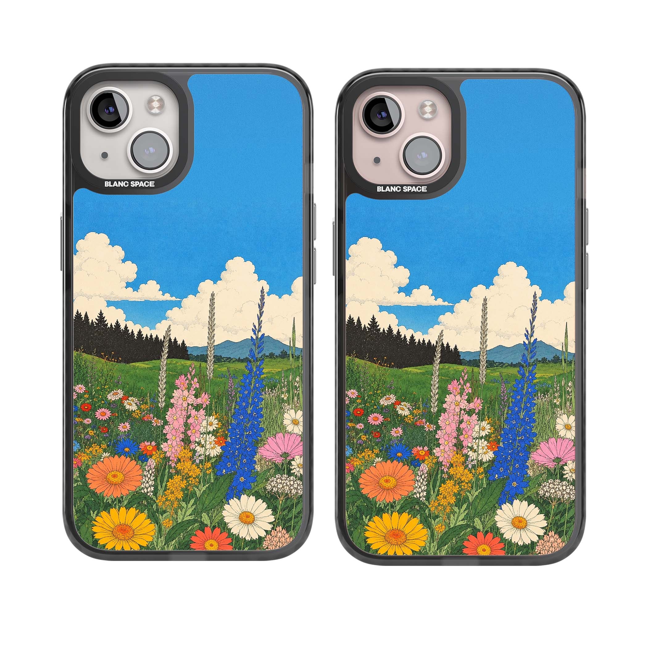 Wildbloom wildflower iPhone case featuring a vintage Japanese-style meadow landscape with daisies, delphiniums and moun | Black Impact Magsafe case for iPhone 13, iPhone 14, iPhone 15